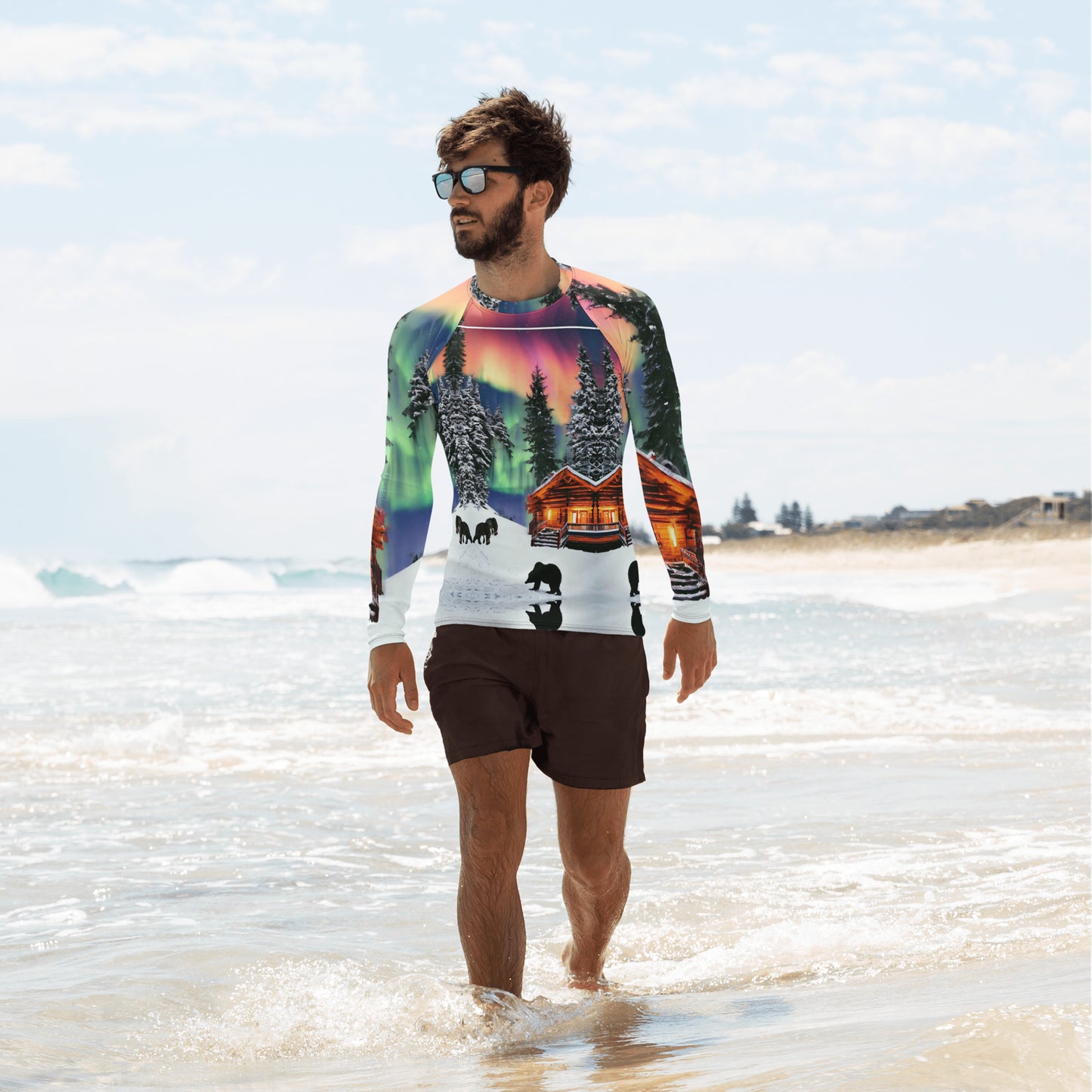 Special Order Category: Men's Rash Guard-Winter Cabin Scene--Special Order Category