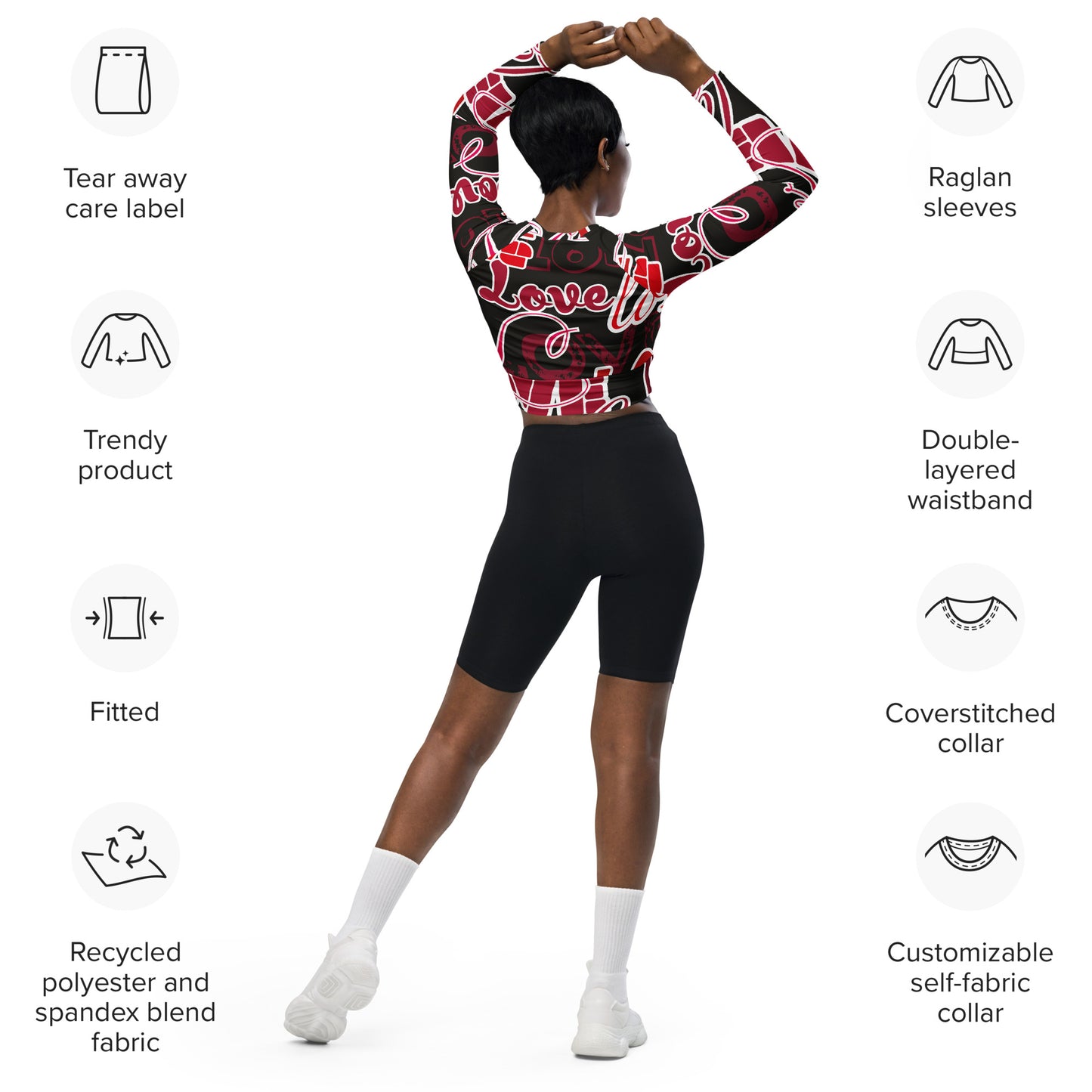 Regular 2XS-XL & Plus Size 2XL-6XL  Recycled long-sleeve Love Multi Black/White/Red crop top  Color