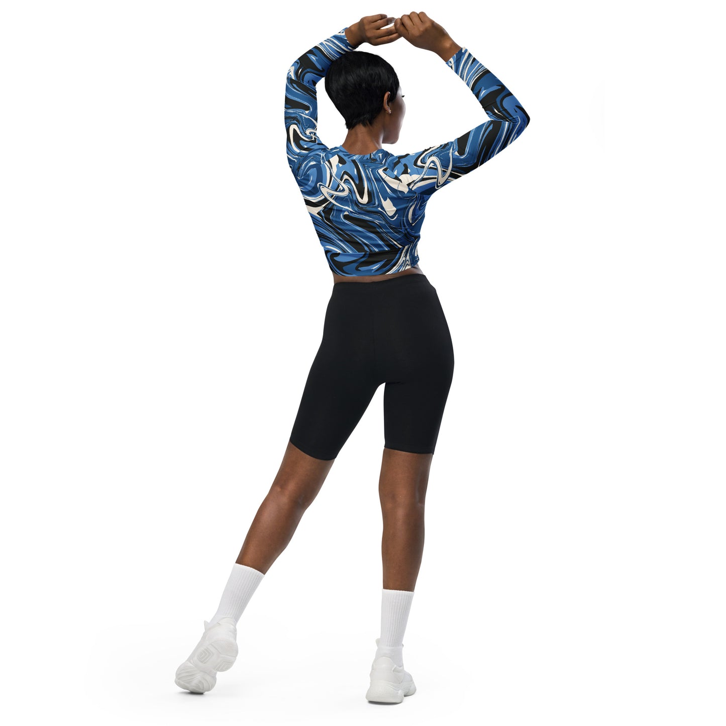 Blue/White Marble Print Recycled long-sleeve crop top Size 2XL-6XL