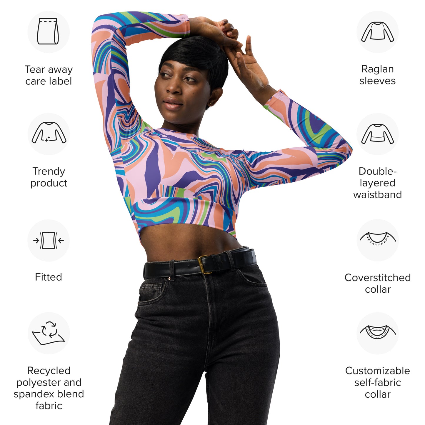 Regular 2XS-XL & Plus Size 2XL-6XL  Recycled long-sleeve crop top  Multi Color