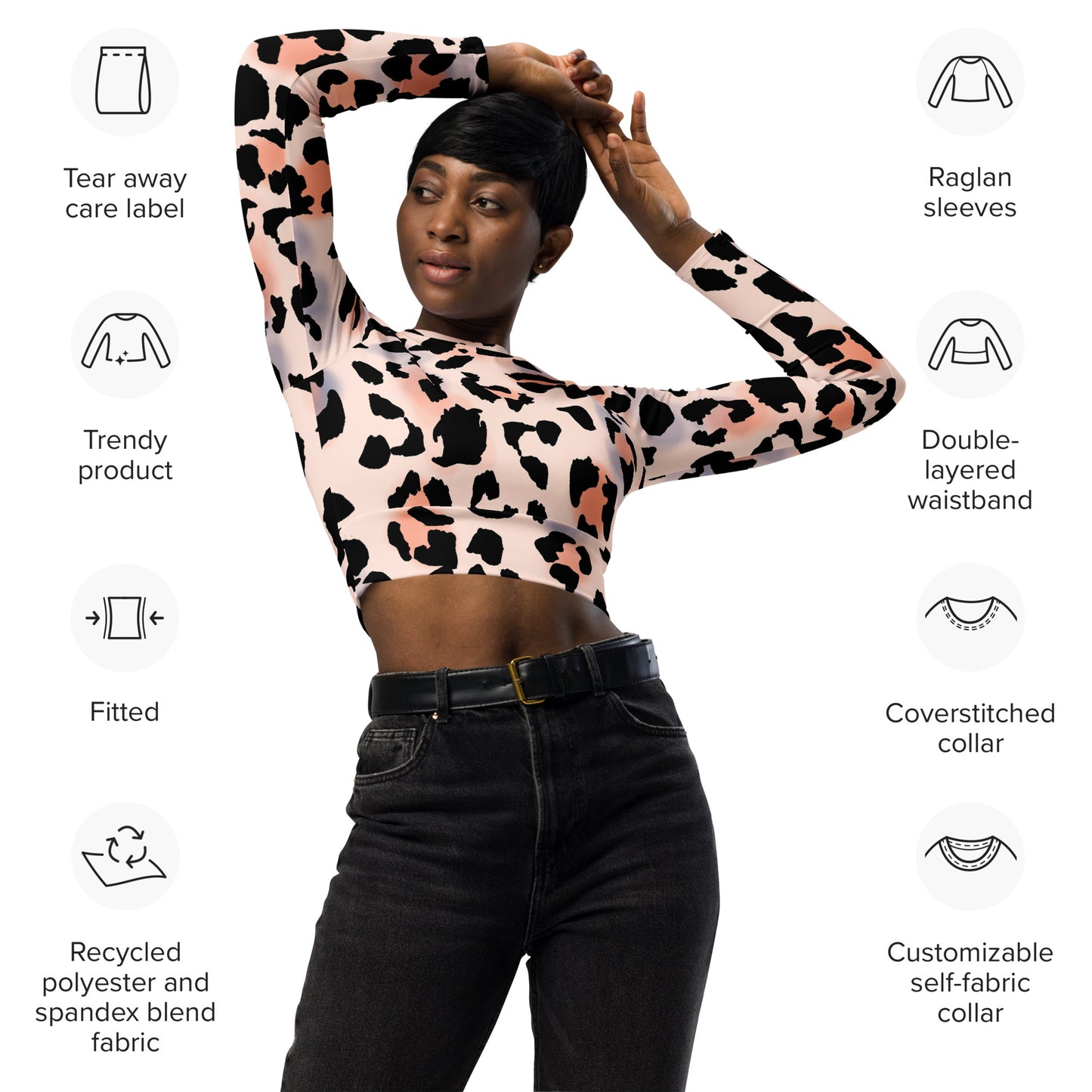 Plus Size Recycled long-sleeve crop top  Pink/Black Leopard 2XS-6XL