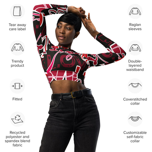 Regular 2XS-XL & Plus Size 2XL-6XL  Recycled long-sleeve Love Multi Black/White/Red crop top  Color