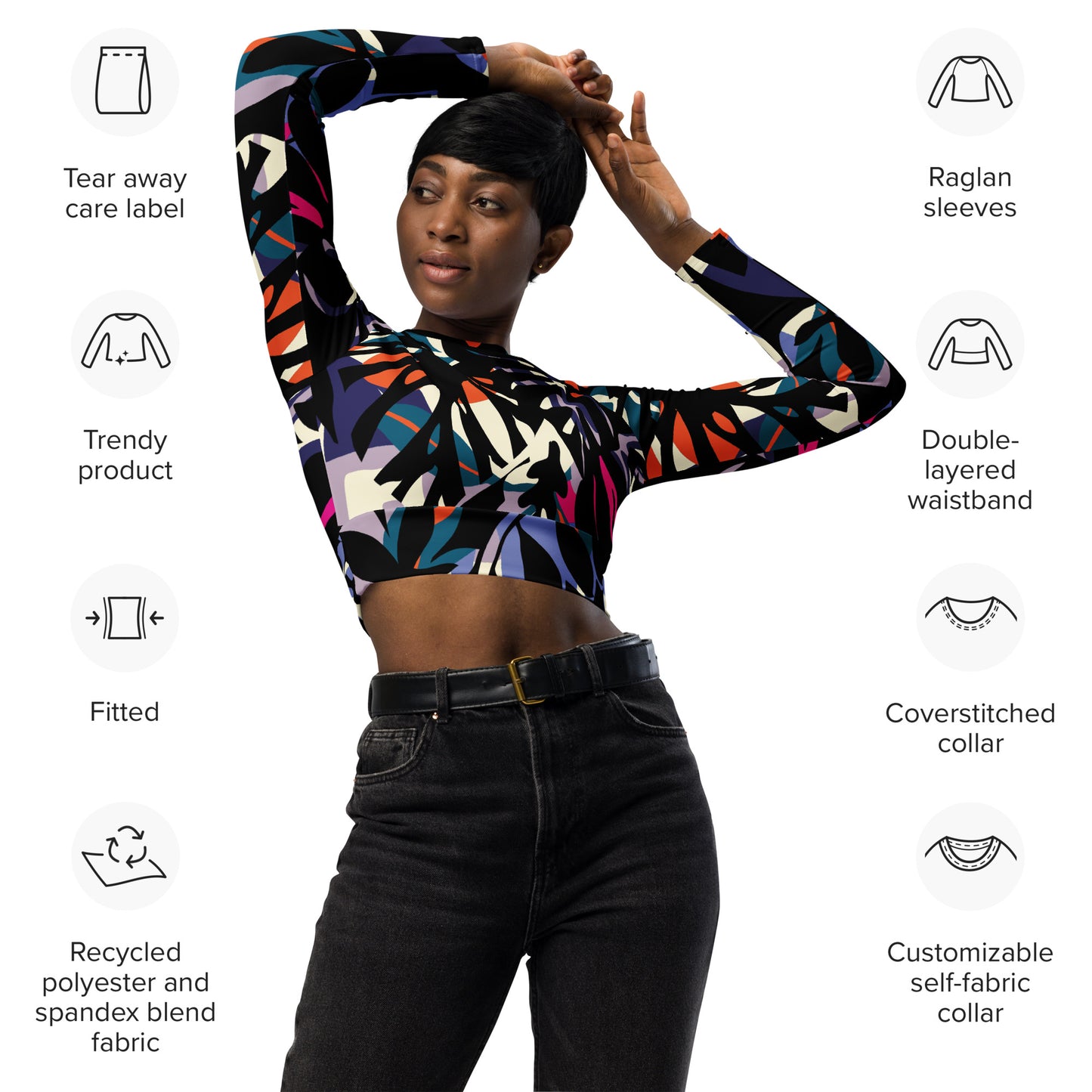 Regular 2XS-XL & Plus Size 2XL-6XL  Recycled long-sleeve crop top  Black Multi Color