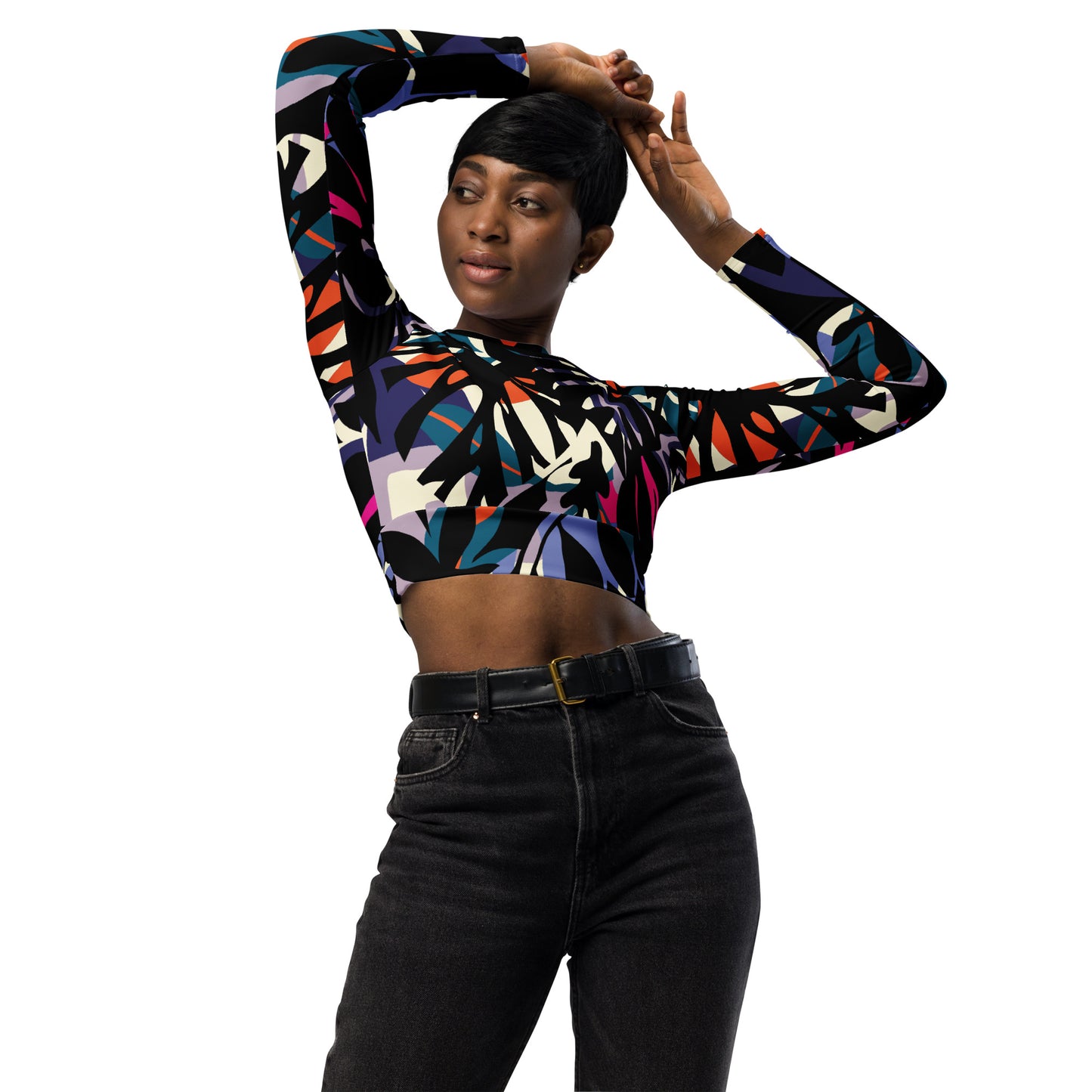 Regular 2XS-XL & Plus Size 2XL-6XL  Recycled long-sleeve crop top  Black Multi Color