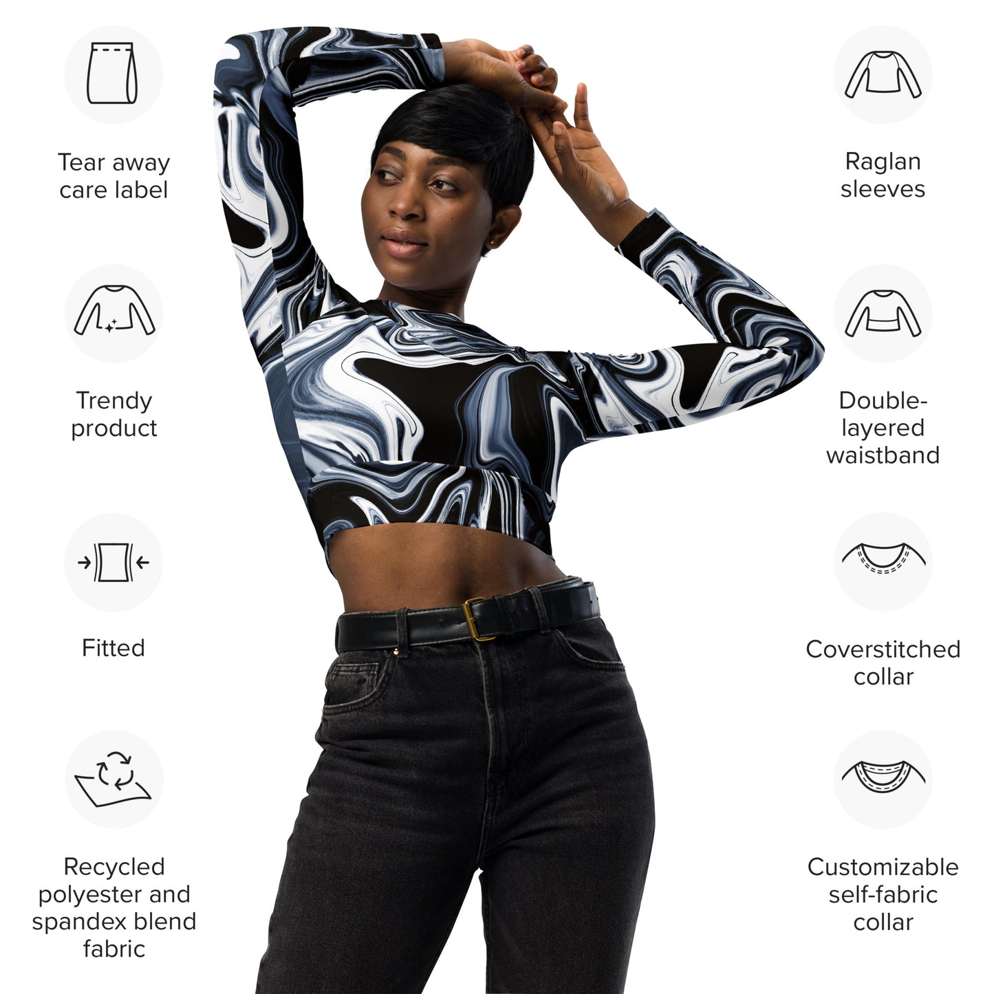 Black/white Marble Print Recycled long-sleeve crop top Size 2XL-6XL