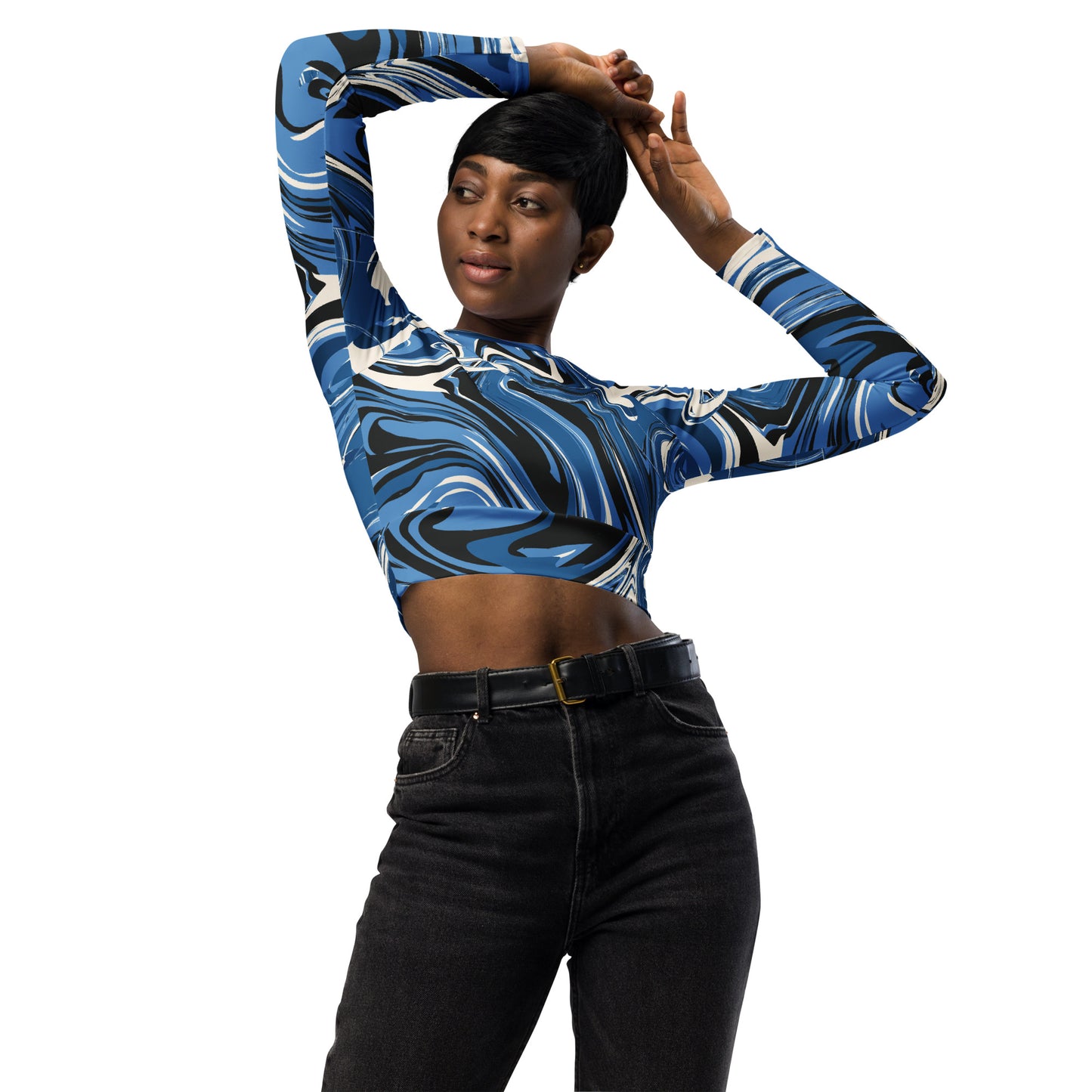 Blue/White Marble Print Recycled long-sleeve crop top Size 2XL-6XL