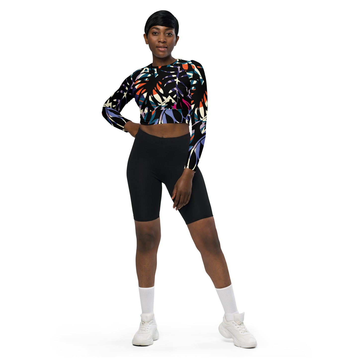 Regular 2XS-XL & Plus Size 2XL-6XL  Recycled long-sleeve crop top  Black Multi Color