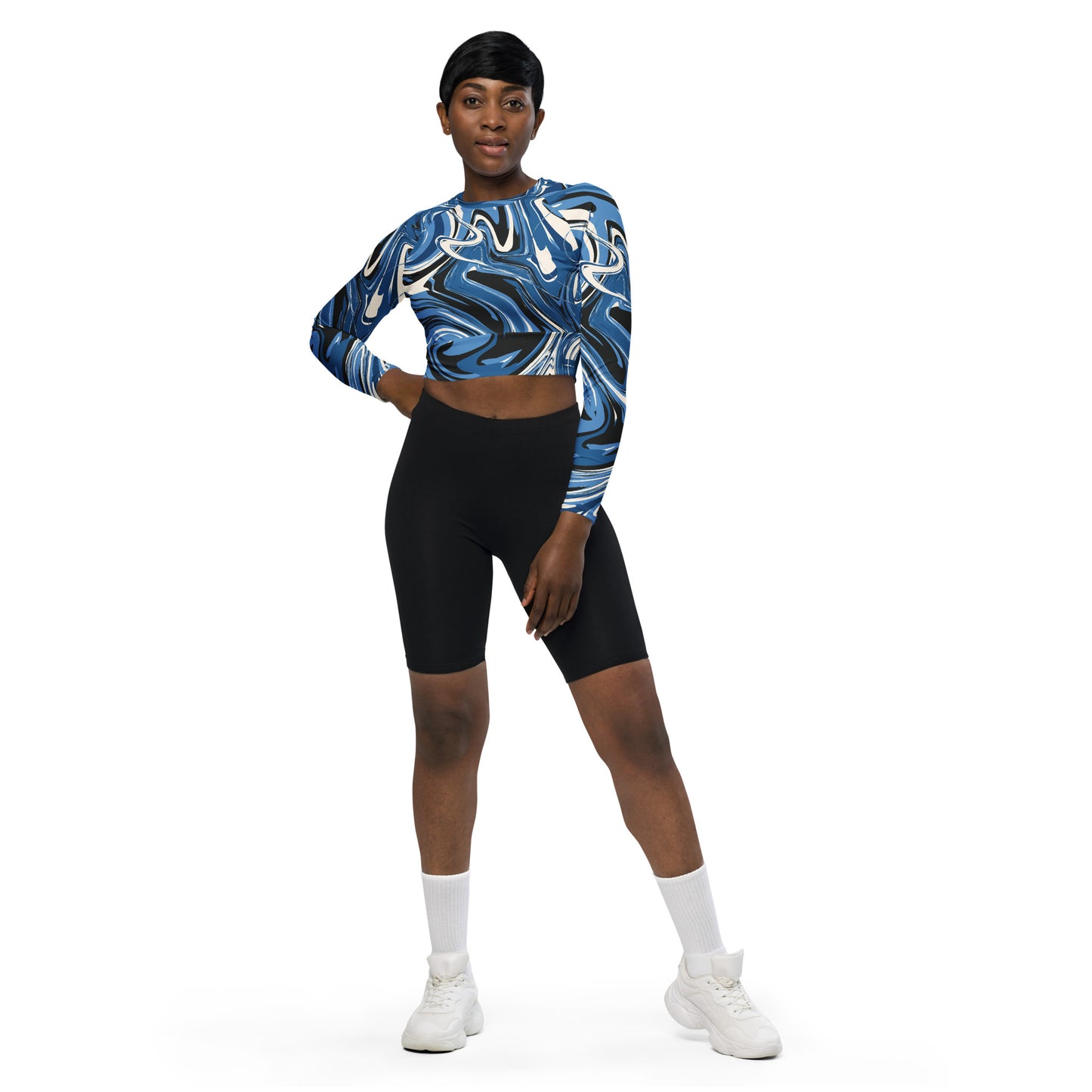 Blue/White Marble Print Recycled long-sleeve crop top Size 2XL-6XL