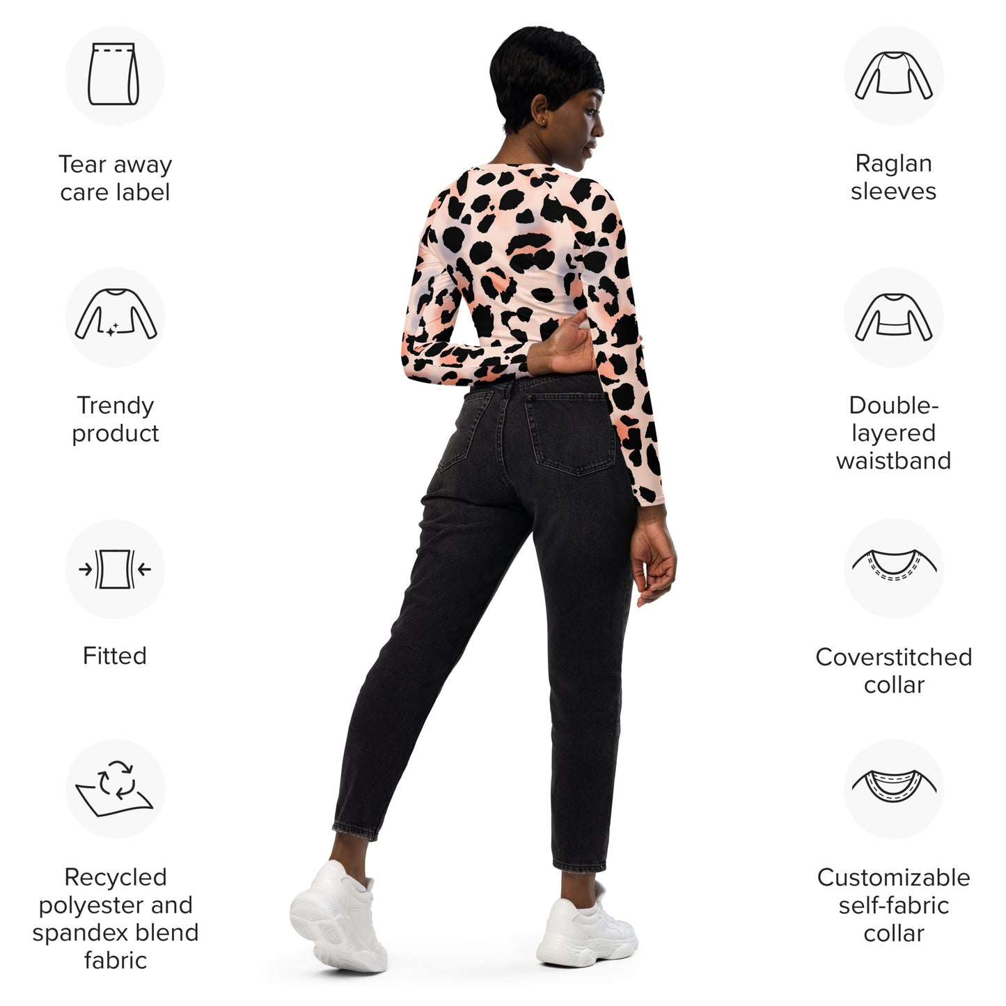 Regular 2XS-XL & Plus Size 2XL-6XL  Recycled long-sleeve crop top Pink/Black Leopard Print