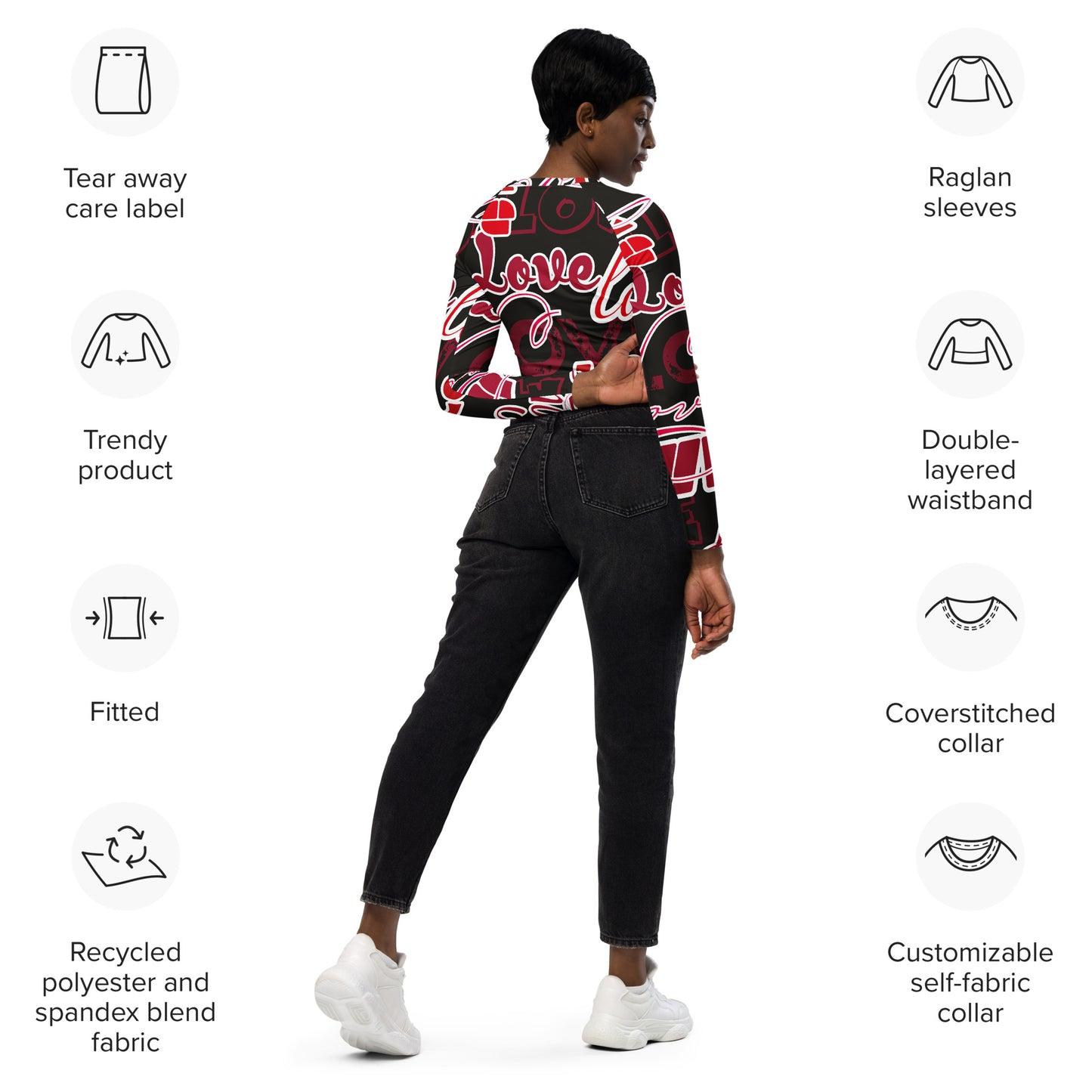 Regular 2XS-XL & Plus Size 2XL-6XL  Recycled long-sleeve Love Multi Black/White/Red crop top  Color