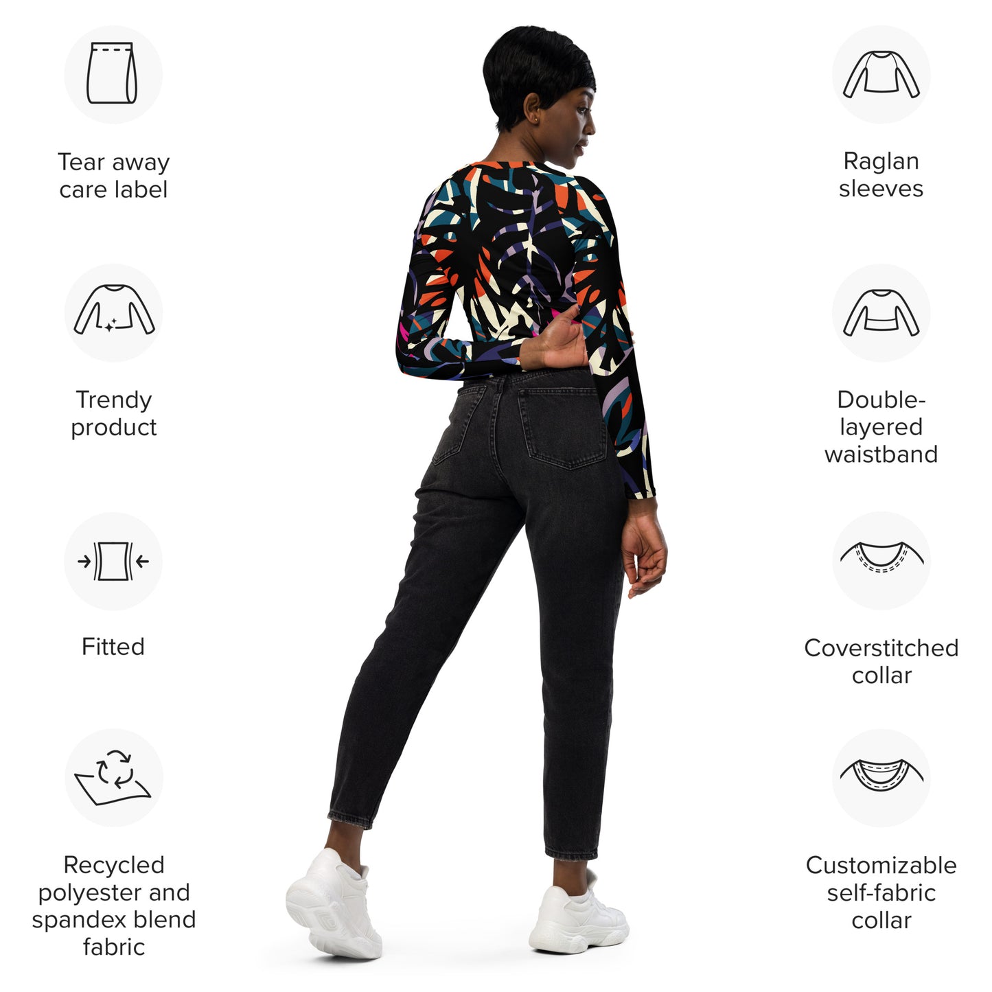 Regular 2XS-XL & Plus Size 2XL-6XL  Recycled long-sleeve crop top  Black Multi Color