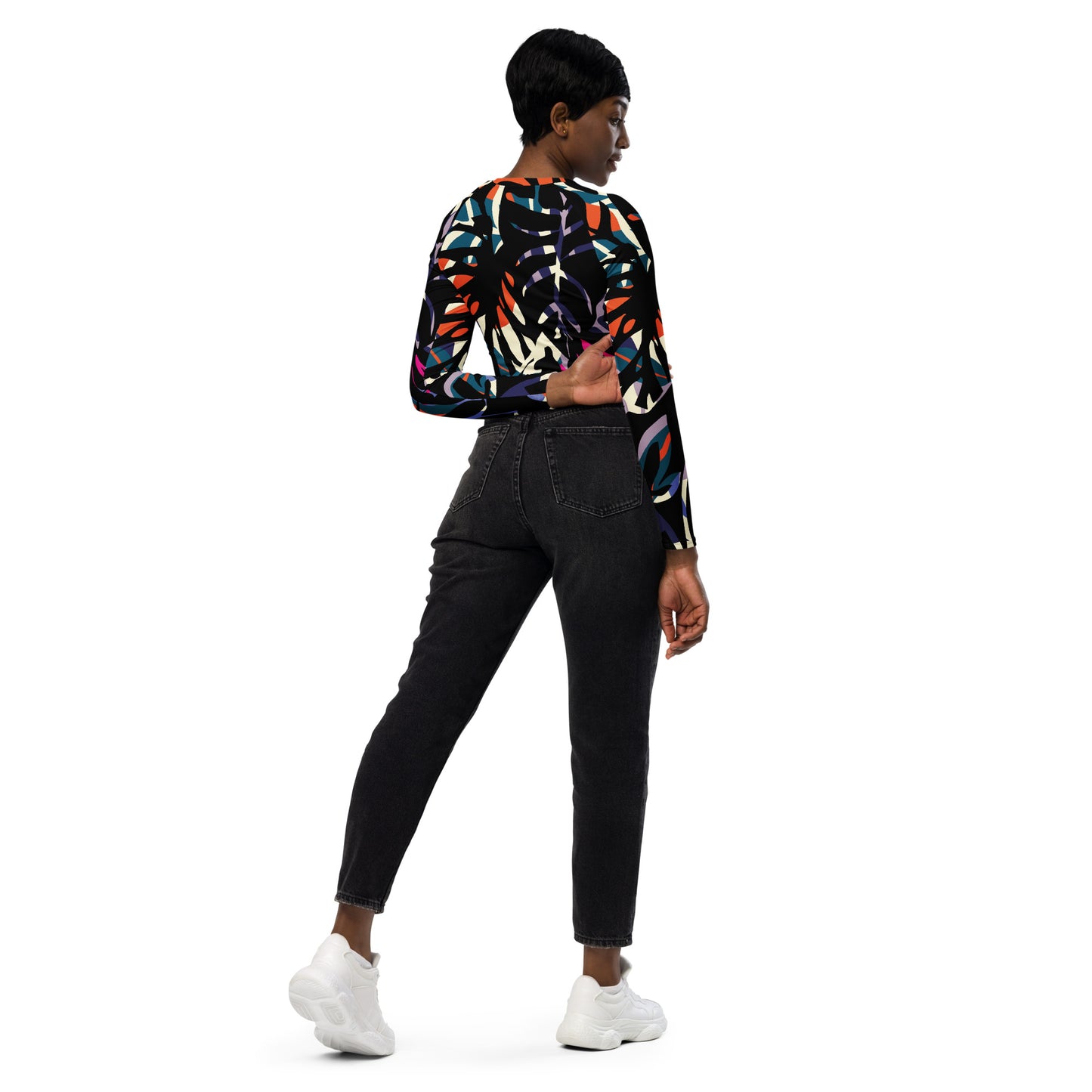 Regular 2XS-XL & Plus Size 2XL-6XL  Recycled long-sleeve crop top  Black Multi Color