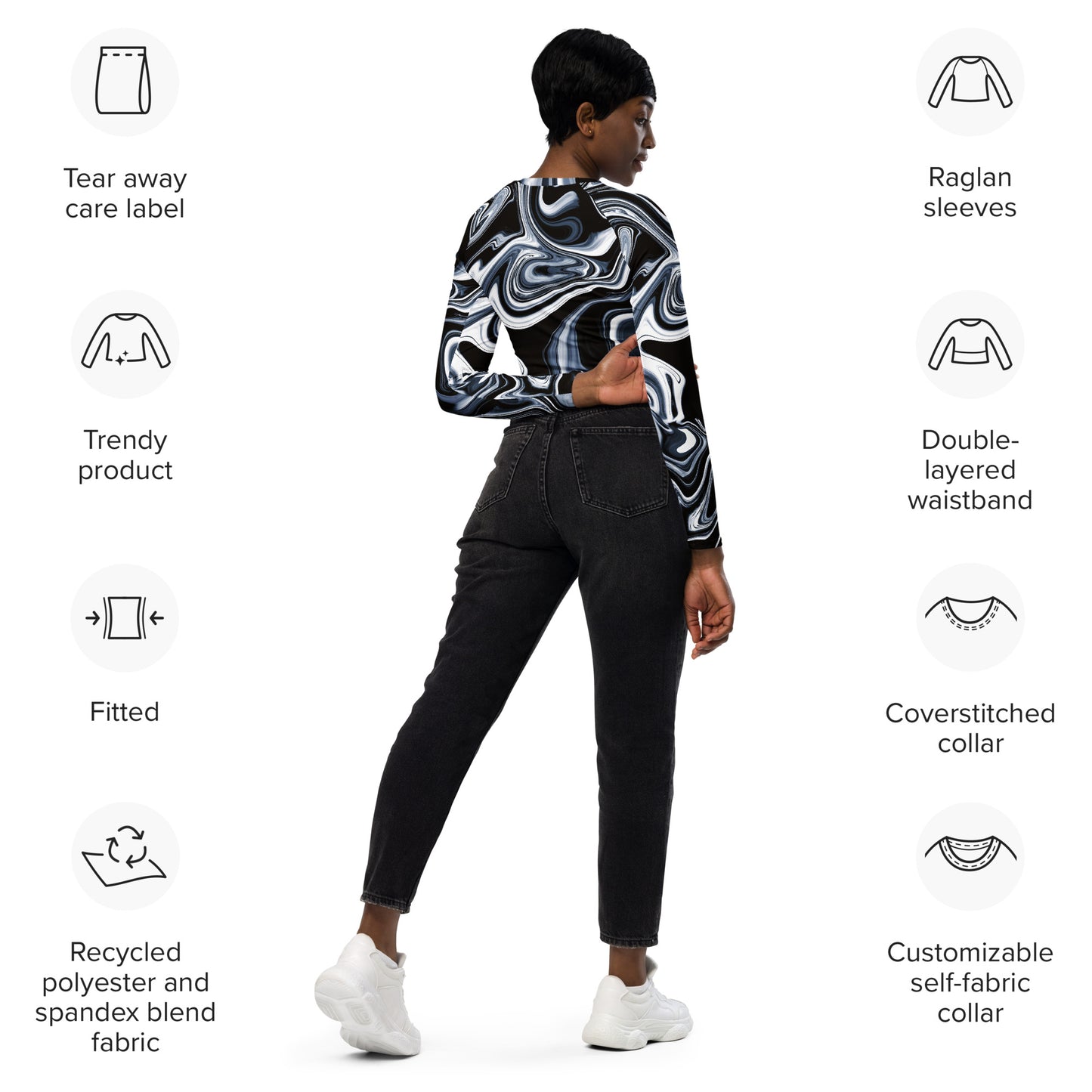 Black/white Marble Print Recycled long-sleeve crop top Size 2XL-6XL