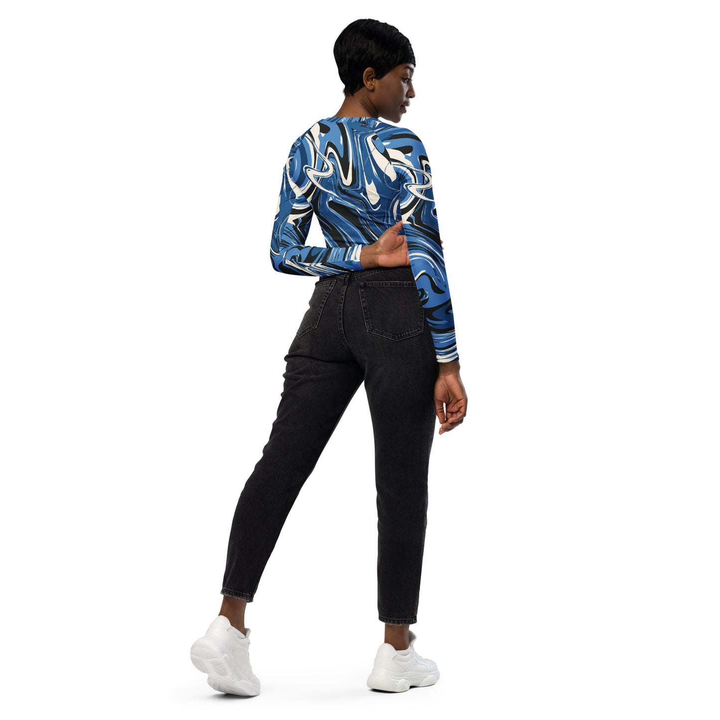 Blue/White Marble Print Recycled long-sleeve crop top Size 2XL-6XL