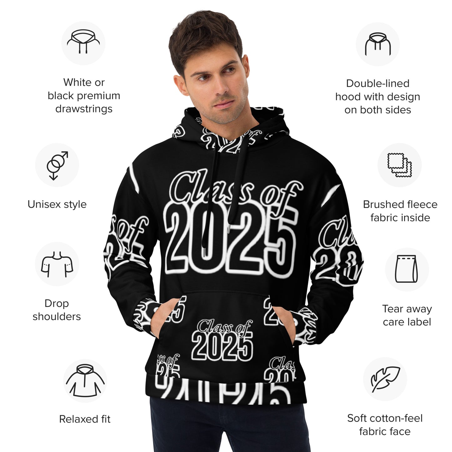 "Class of 2025" Grad Year Hoodie - Black - Unisex Sizes XS - 3XL