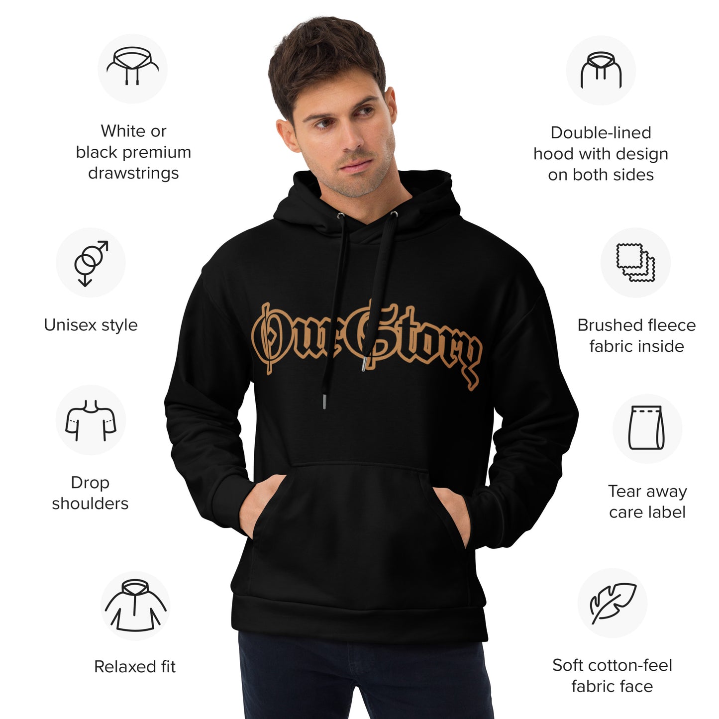 "OurStory" Black & Gold Graphic HOODIE -Matches ALL African Gold & Black Prints African