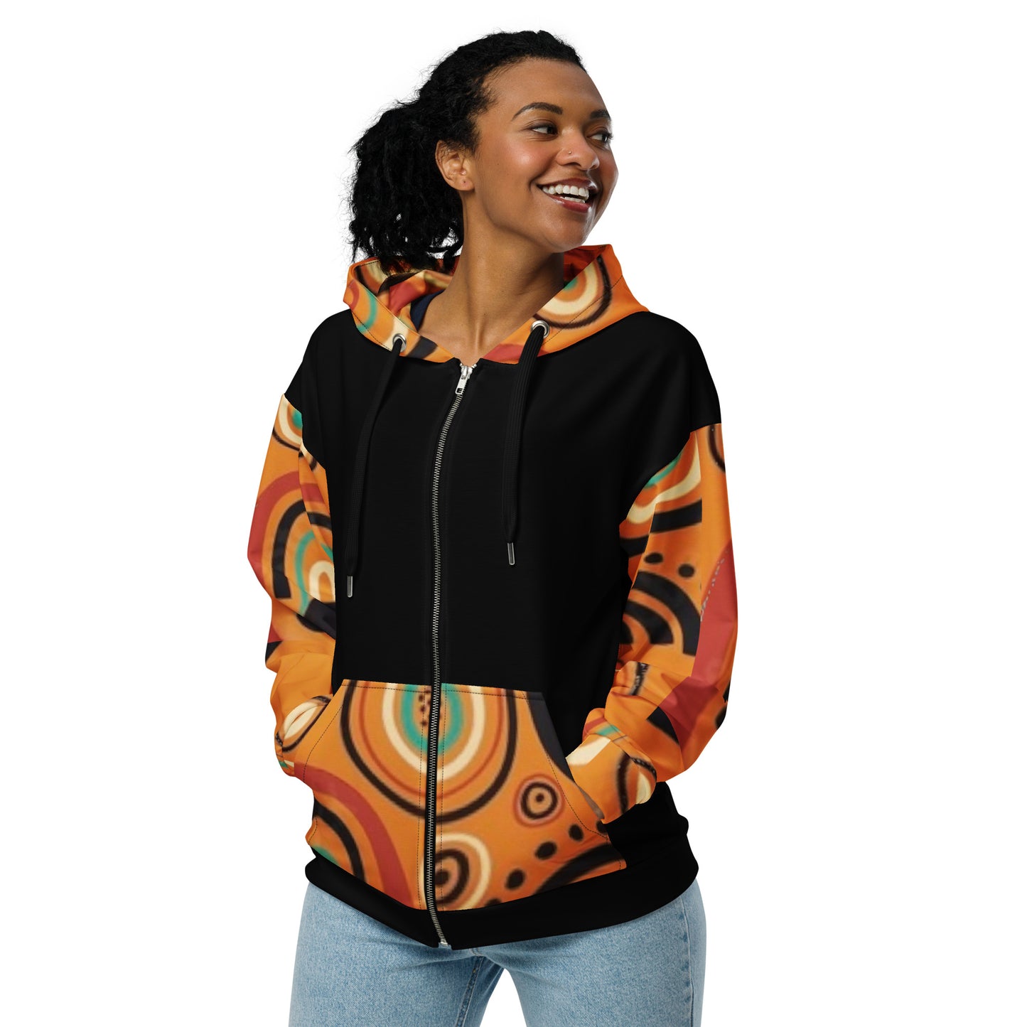 African Print,   Colors Black/ Orange Print Unisex zip hoodie