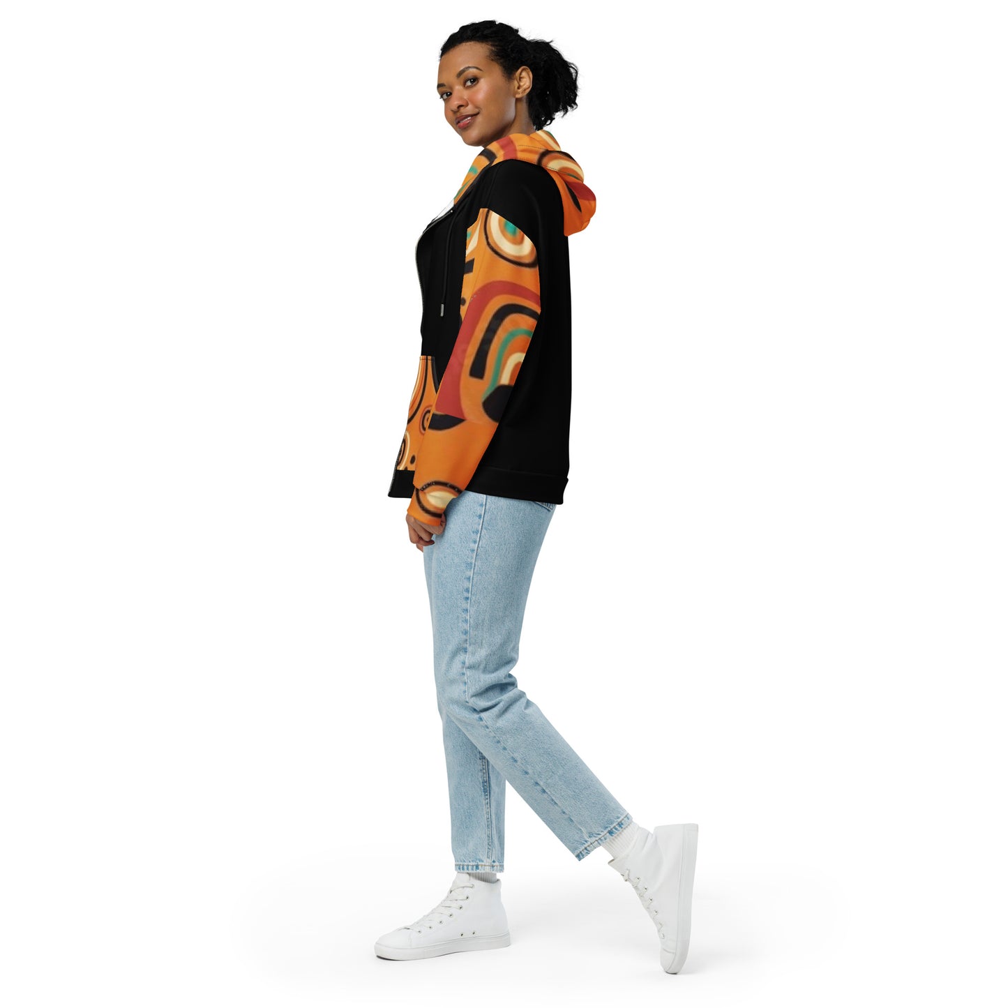 African Print,   Colors Black/ Orange Print Unisex zip hoodie