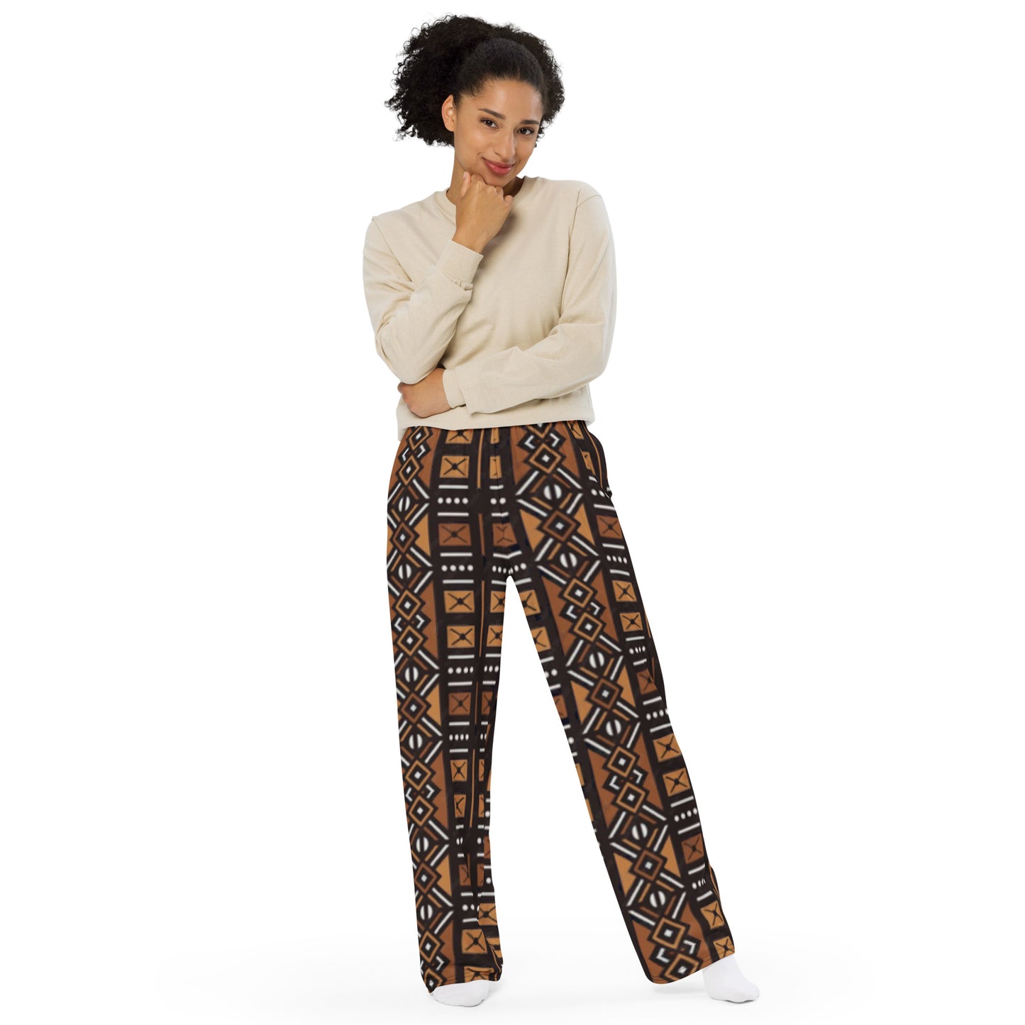 African Mud Cloth Print unisex wide-leg pants. (A)