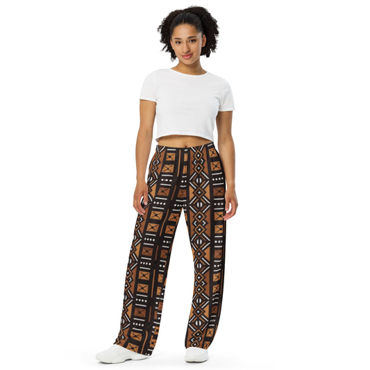 African Mud Cloth Print unisex wide-leg pants. (A)