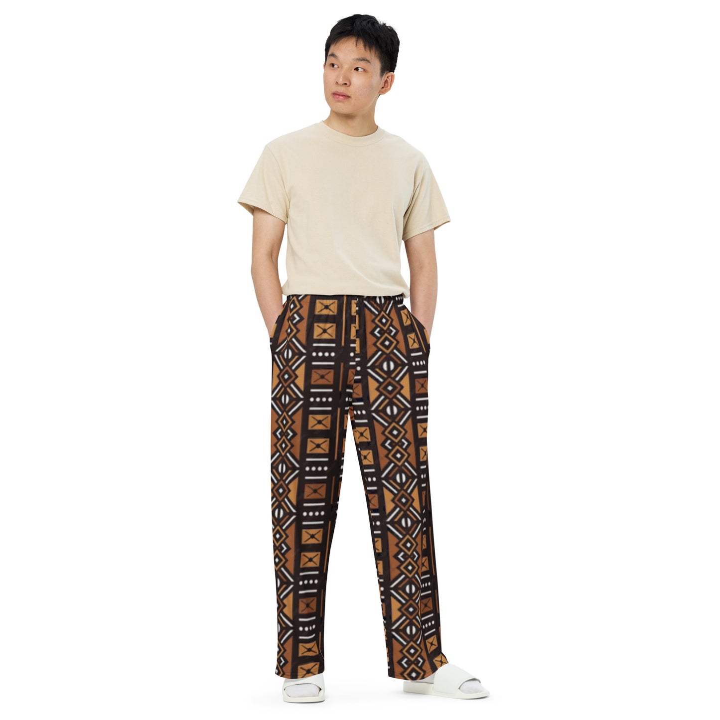 African Mud Cloth Print unisex wide-leg pants. (A)