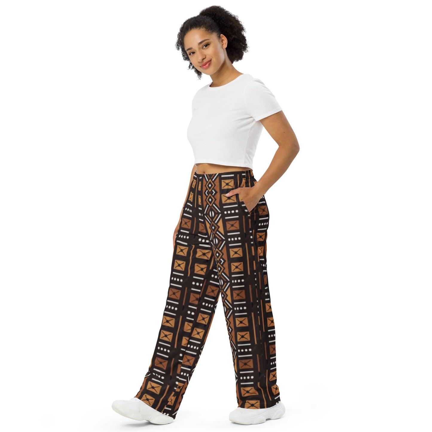 African Mud Cloth Print unisex wide-leg pants. (A)