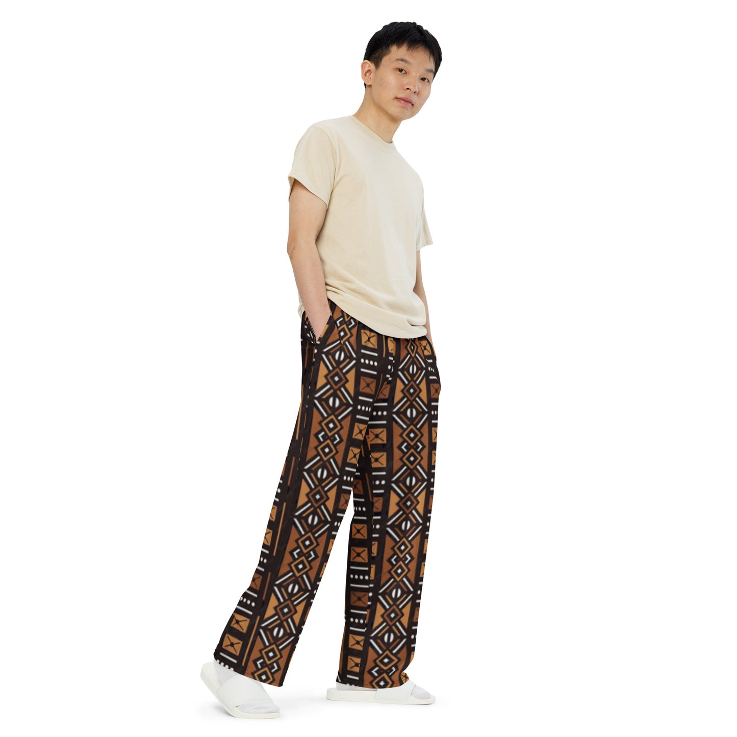 African Mud Cloth Print unisex wide-leg pants. (A)