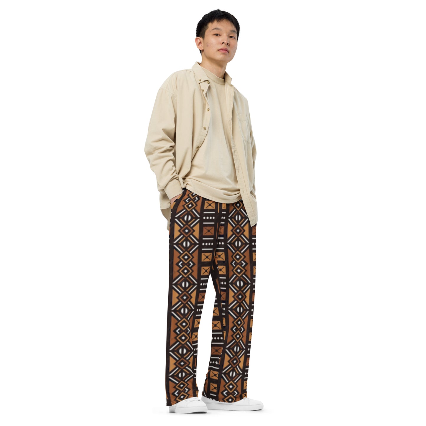 African Mud Cloth Print unisex wide-leg pants. (A)