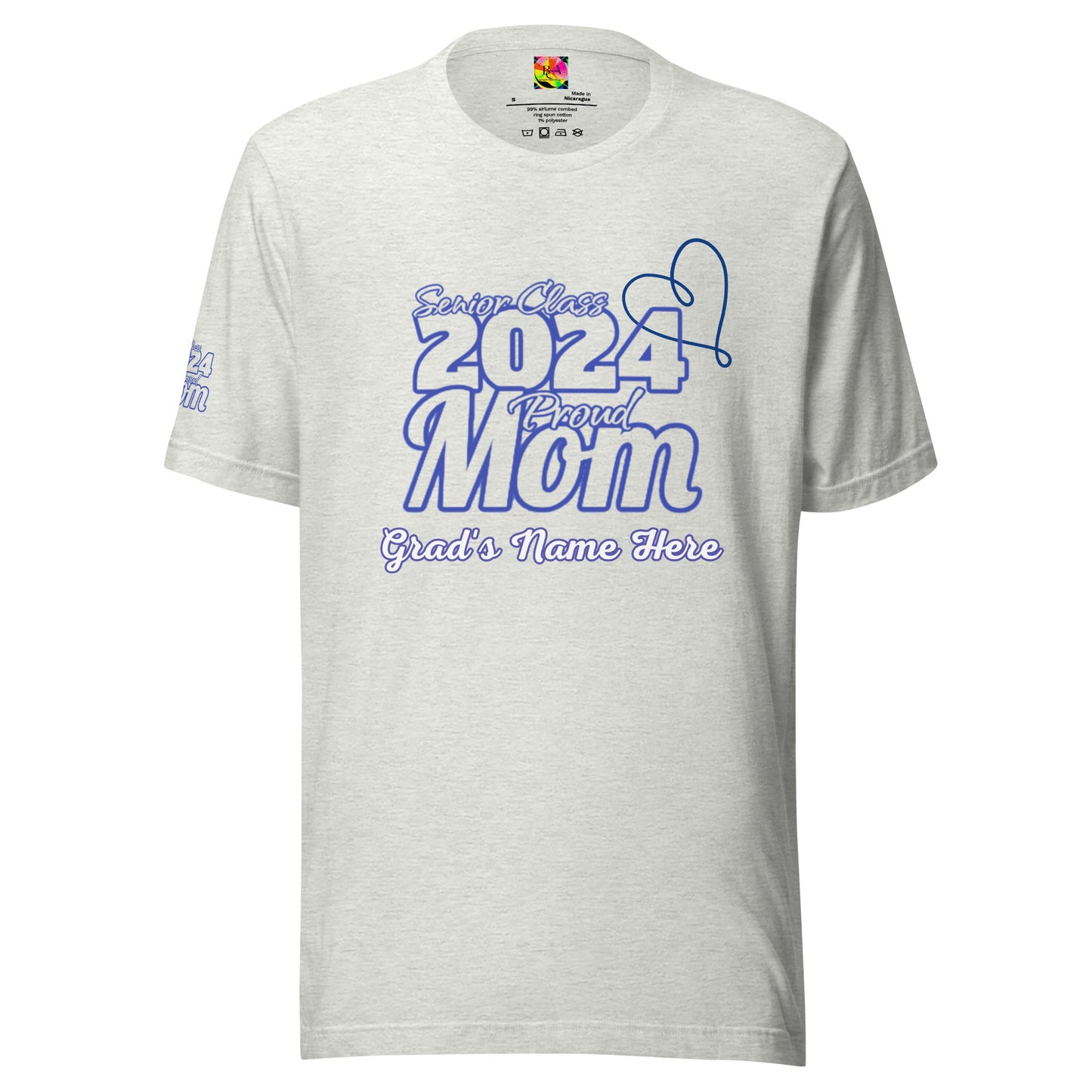 Senior 2024, Blue Print +Tee Color, Proud Mom, Grad's Name Here, Heart, Front, Back, Right Sleeve Design, XS-5XL Unisex T-Shirt