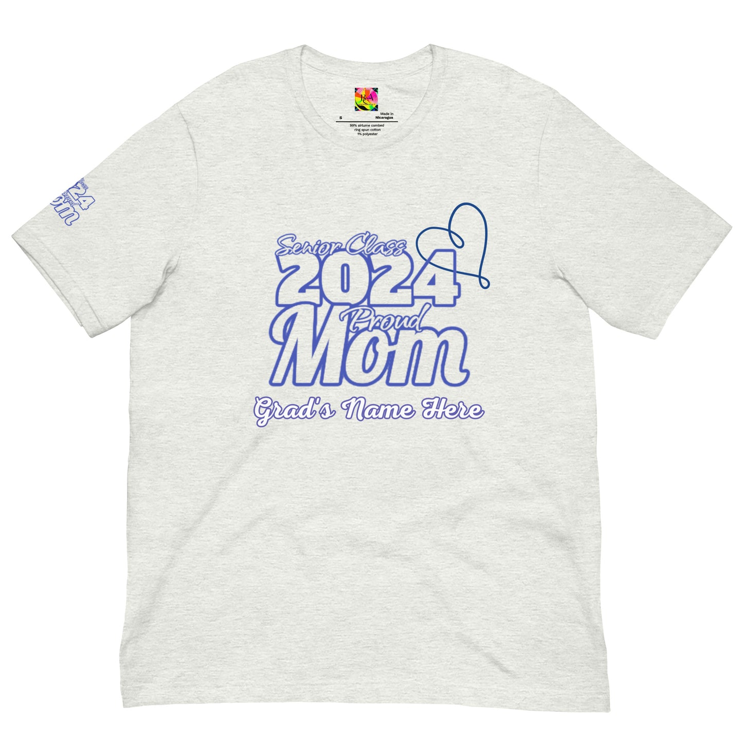 Senior 2024, Blue Print +Tee Color, Proud Mom, Grad's Name Here, Heart, Front, Back, Right Sleeve Design, XS-5XL Unisex T-Shirt