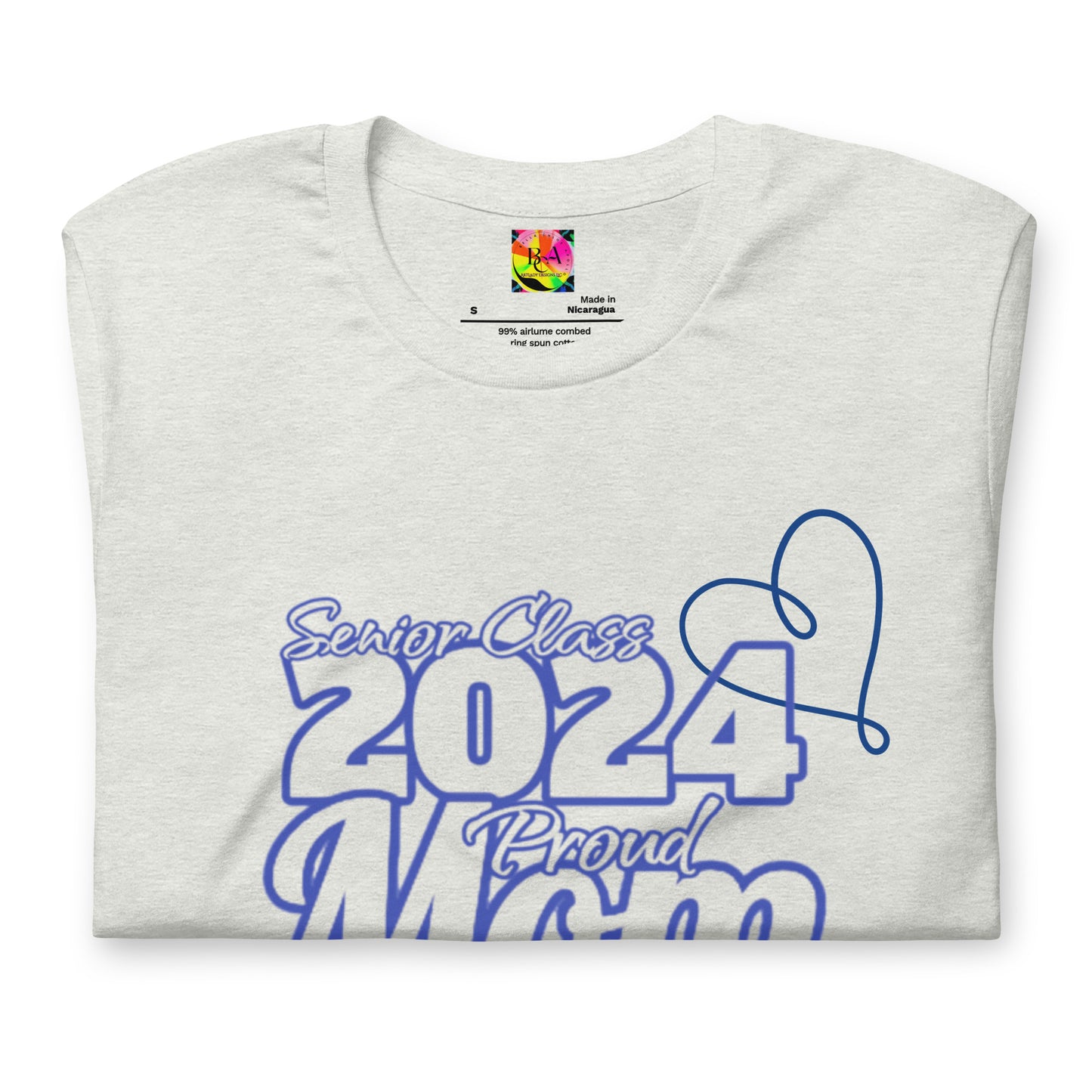 Senior 2024, Blue Print +Tee Color, Proud Mom, Grad's Name Here, Heart, Front, Back, Right Sleeve Design, XS-5XL Unisex T-Shirt