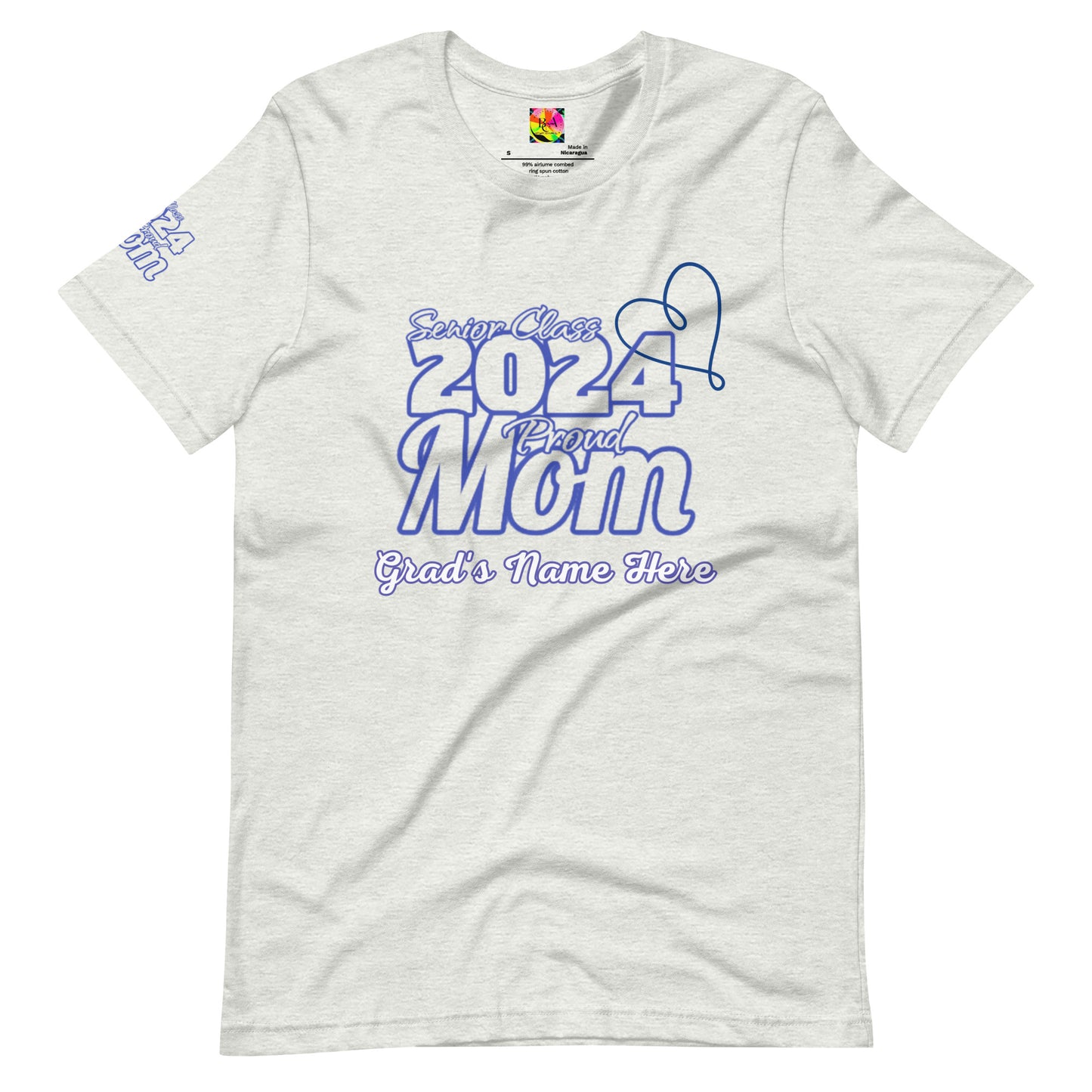 Senior 2024, Blue Print +Tee Color, Proud Mom, Grad's Name Here, Heart, Front, Back, Right Sleeve Design, XS-5XL Unisex T-Shirt