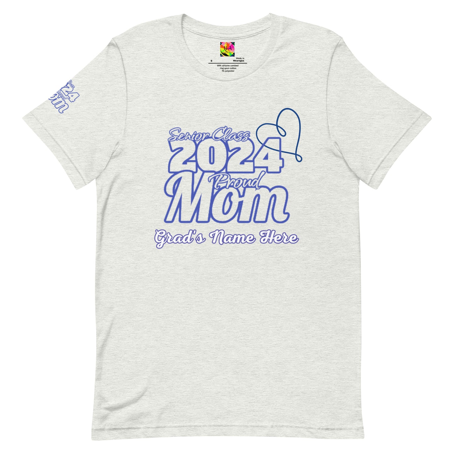 Senior 2024, Blue Print +Tee Color, Proud Mom, Grad's Name Here, Heart, Front, Back, Right Sleeve Design, XS-5XL Unisex T-Shirt