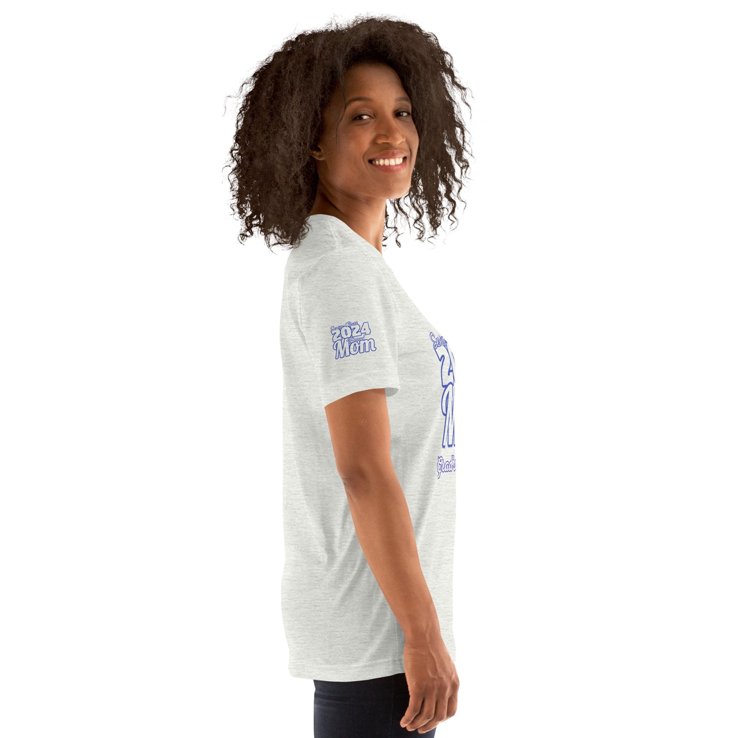 Senior 2024, Blue Print +Tee Color, Proud Mom, Grad's Name Here, Heart, Front, Back, Right Sleeve Design, XS-5XL Unisex T-Shirt