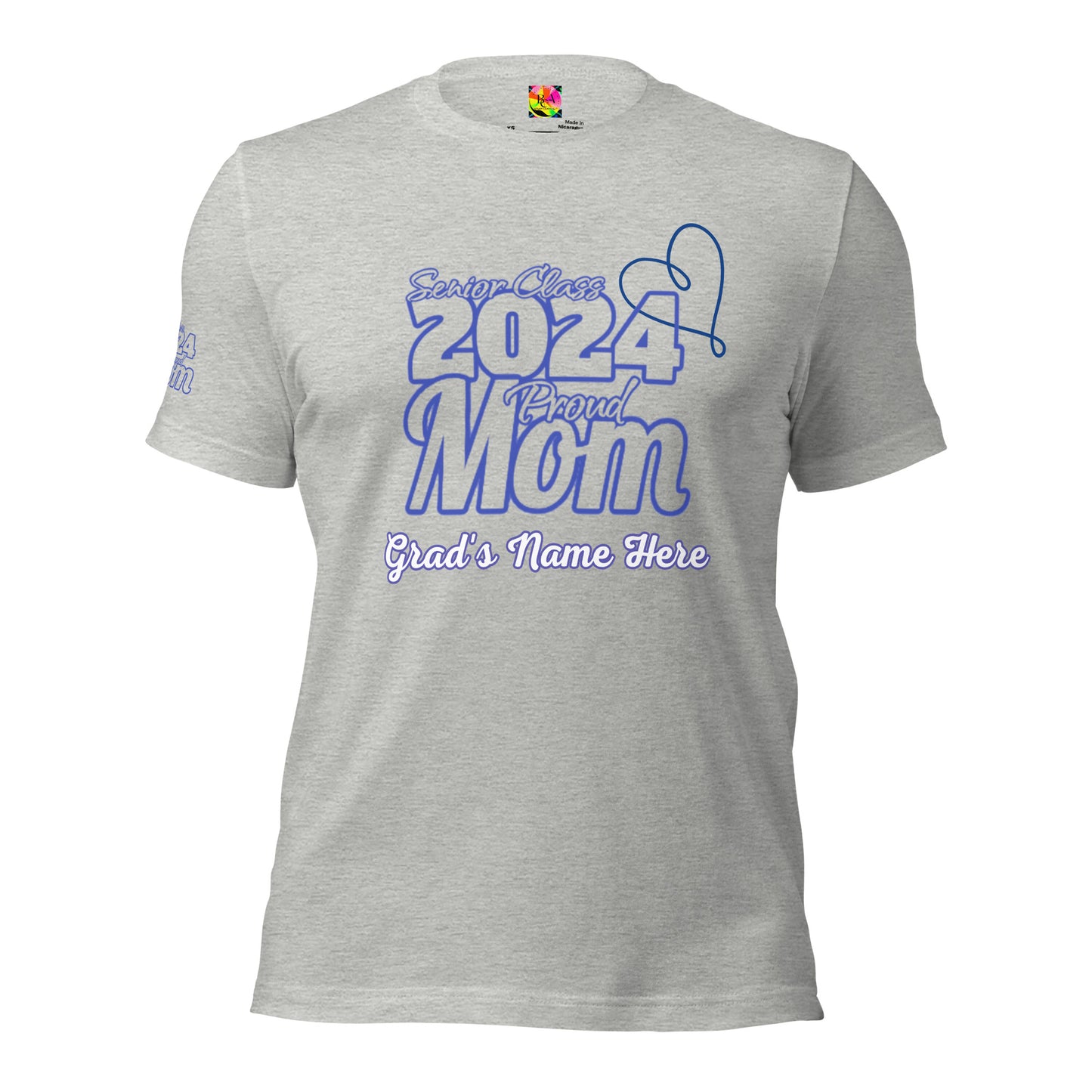 Senior 2024, Blue Print +Tee Color, Proud Mom, Grad's Name Here, Heart, Front, Back, Right Sleeve Design, XS-5XL Unisex T-Shirt