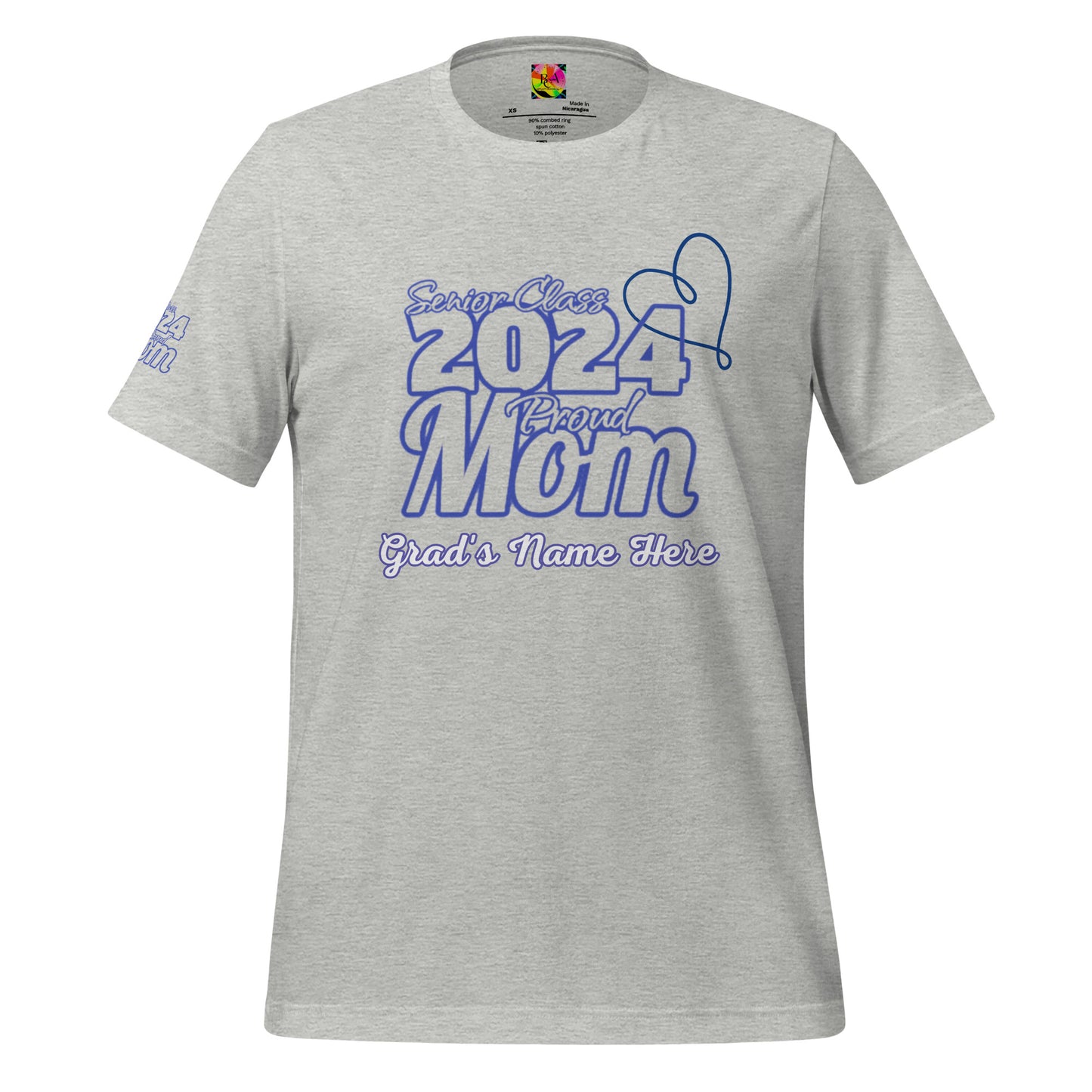 Senior 2024, Blue Print +Tee Color, Proud Mom, Grad's Name Here, Heart, Front, Back, Right Sleeve Design, XS-5XL Unisex T-Shirt