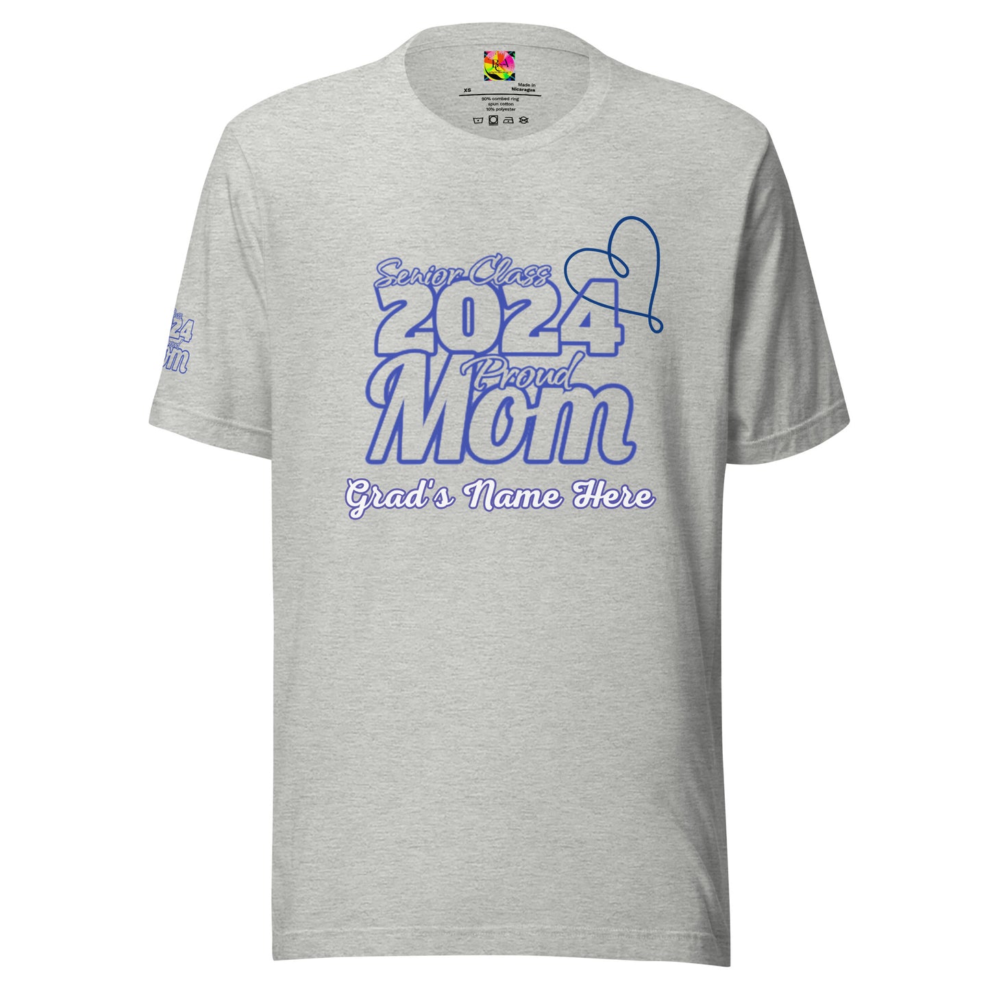 Senior 2024, Blue Print +Tee Color, Proud Mom, Grad's Name Here, Heart, Front, Back, Right Sleeve Design, XS-5XL Unisex T-Shirt