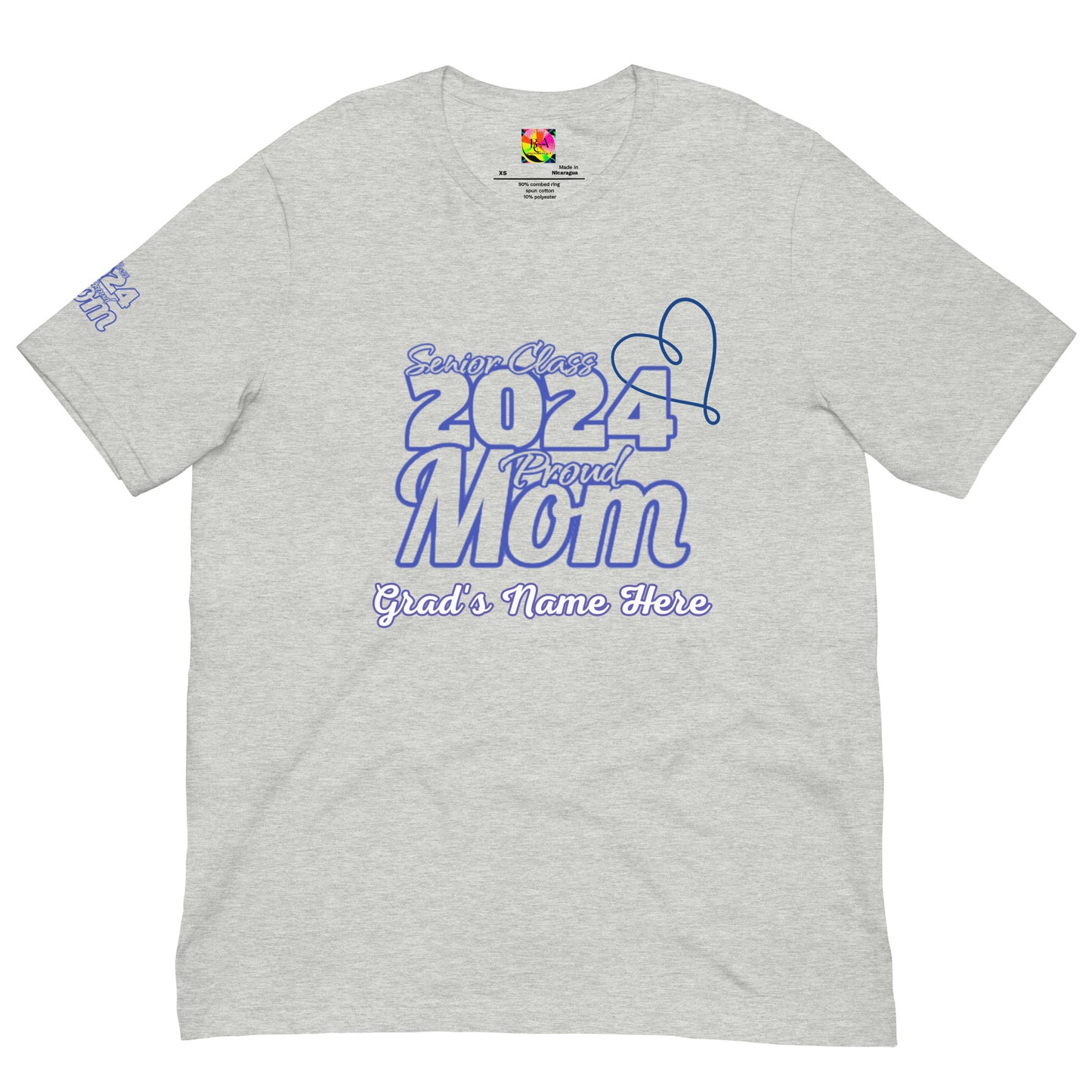 Senior 2024, Blue Print +Tee Color, Proud Mom, Grad's Name Here, Heart, Front, Back, Right Sleeve Design, XS-5XL Unisex T-Shirt