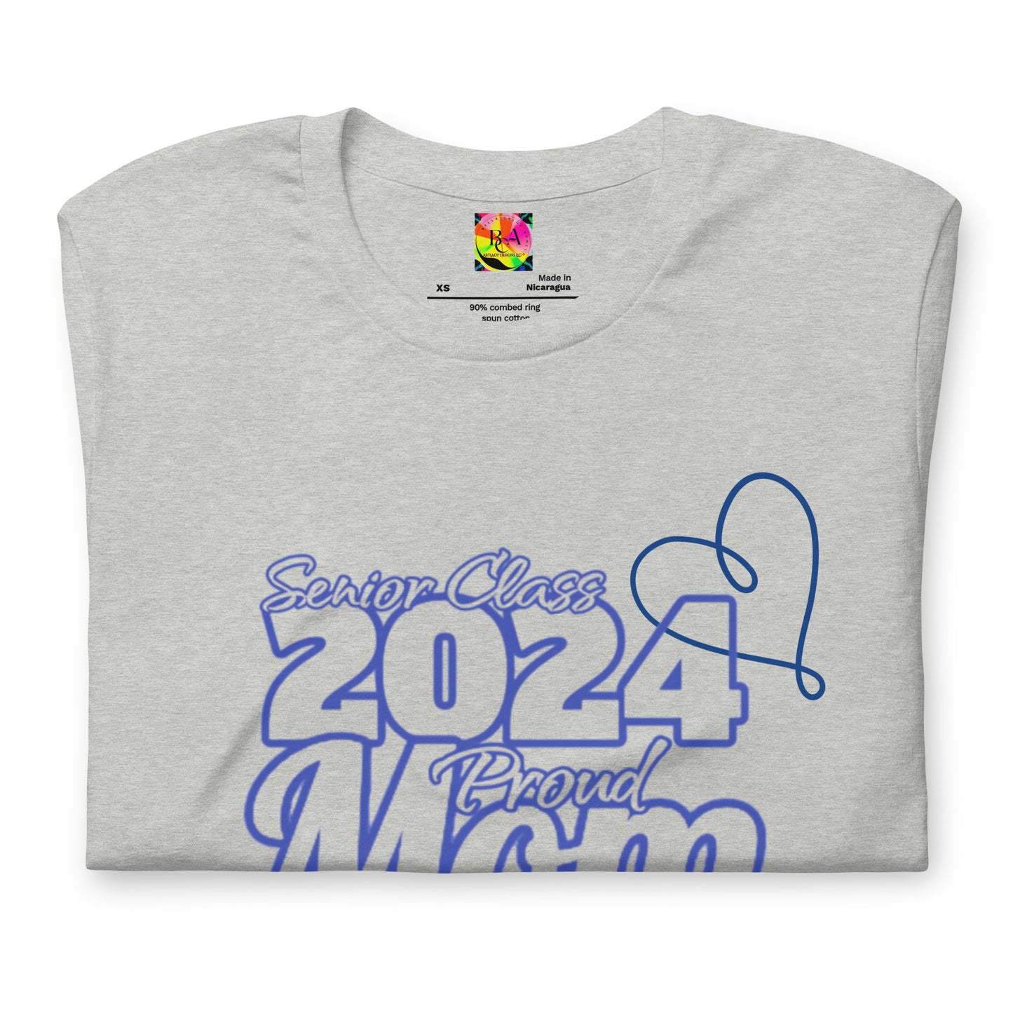 Senior 2024, Blue Print +Tee Color, Proud Mom, Grad's Name Here, Heart, Front, Back, Right Sleeve Design, XS-5XL Unisex T-Shirt