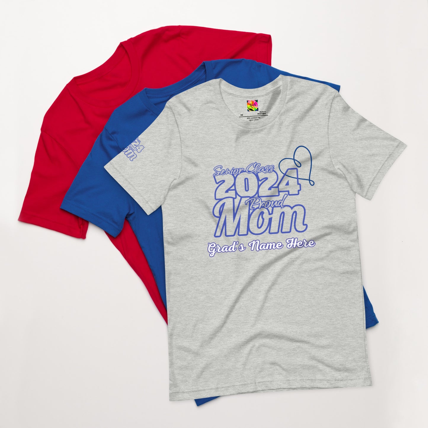 Senior 2024, Blue Print +Tee Color, Proud Mom, Grad's Name Here, Heart, Front, Back, Right Sleeve Design, XS-5XL Unisex T-Shirt