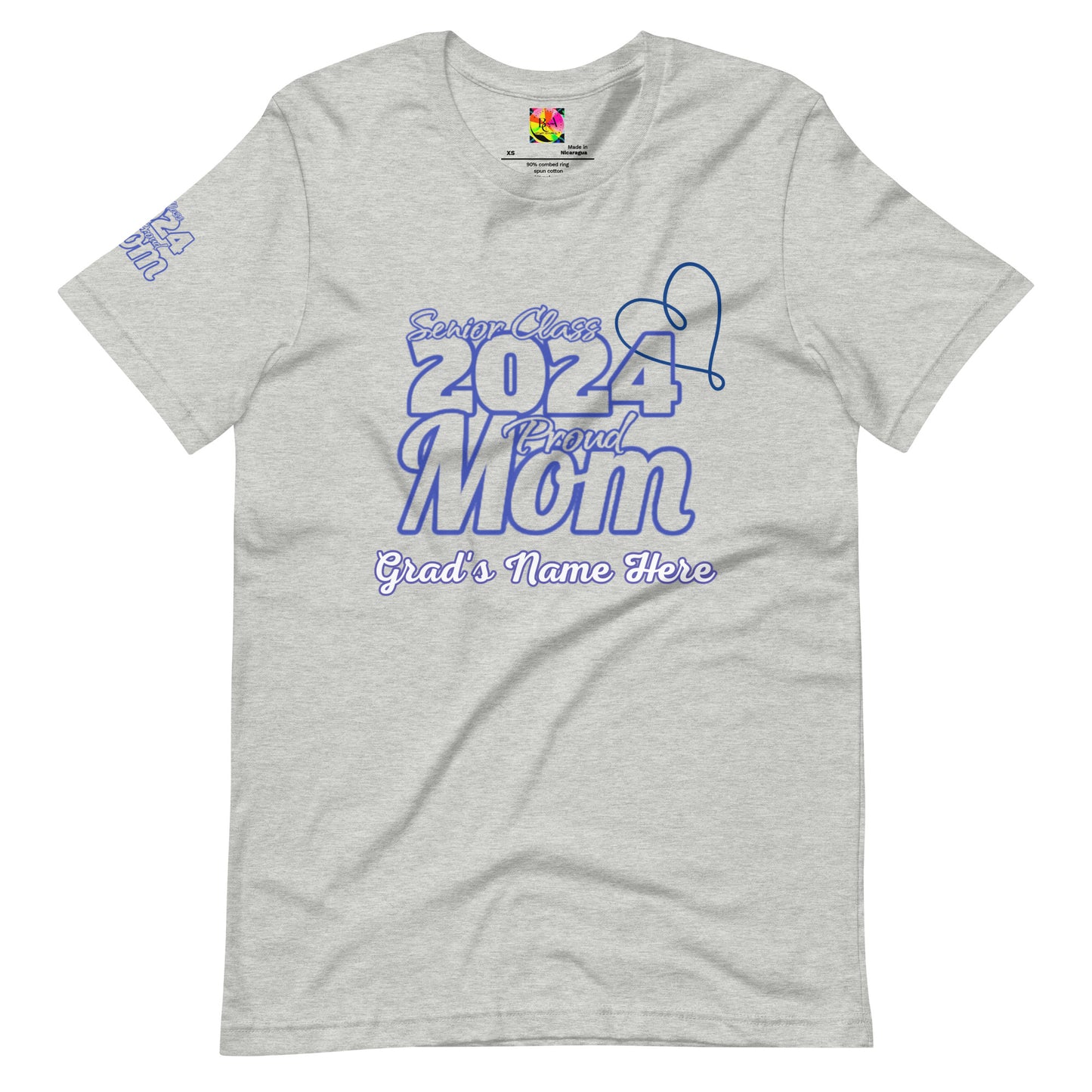 Senior 2024, Blue Print +Tee Color, Proud Mom, Grad's Name Here, Heart, Front, Back, Right Sleeve Design, XS-5XL Unisex T-Shirt