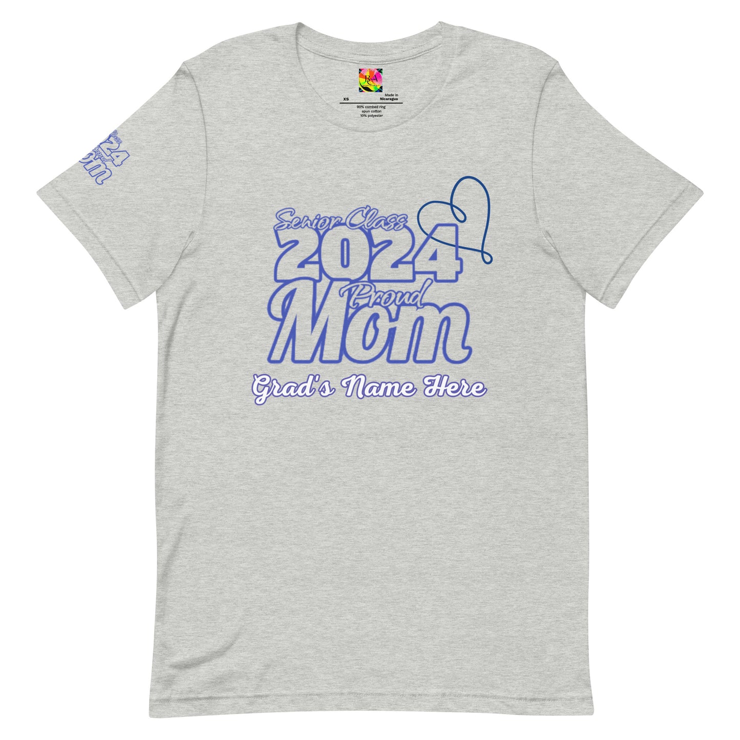 Senior 2024, Blue Print +Tee Color, Proud Mom, Grad's Name Here, Heart, Front, Back, Right Sleeve Design, XS-5XL Unisex T-Shirt