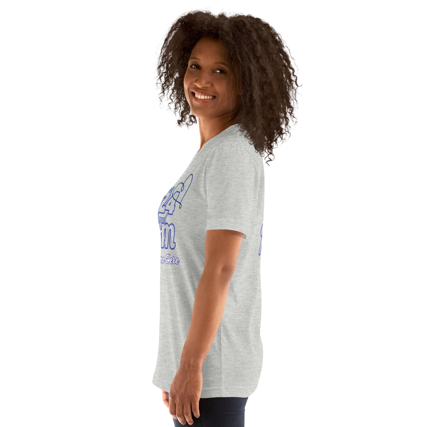 Senior 2024, Blue Print +Tee Color, Proud Mom, Grad's Name Here, Heart, Front, Back, Right Sleeve Design, XS-5XL Unisex T-Shirt