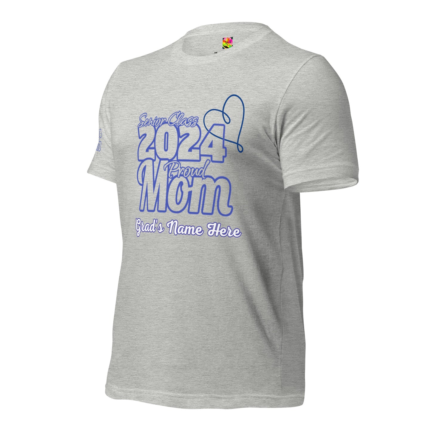 Senior 2024, Blue Print +Tee Color, Proud Mom, Grad's Name Here, Heart, Front, Back, Right Sleeve Design, XS-5XL Unisex T-Shirt