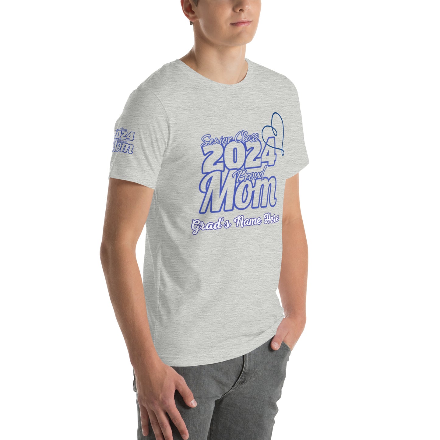 Senior 2024, Blue Print +Tee Color, Proud Mom, Grad's Name Here, Heart, Front, Back, Right Sleeve Design, XS-5XL Unisex T-Shirt