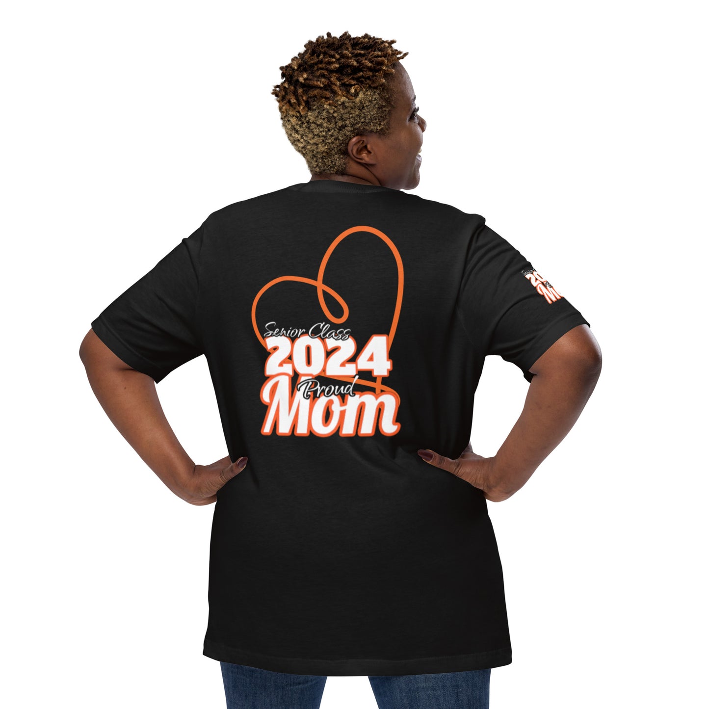 Senior 2024, Proud Mom, Congratulations Heart, Front, Back, Right Sleeve Design, XS-5XL Unisex T-Shirt