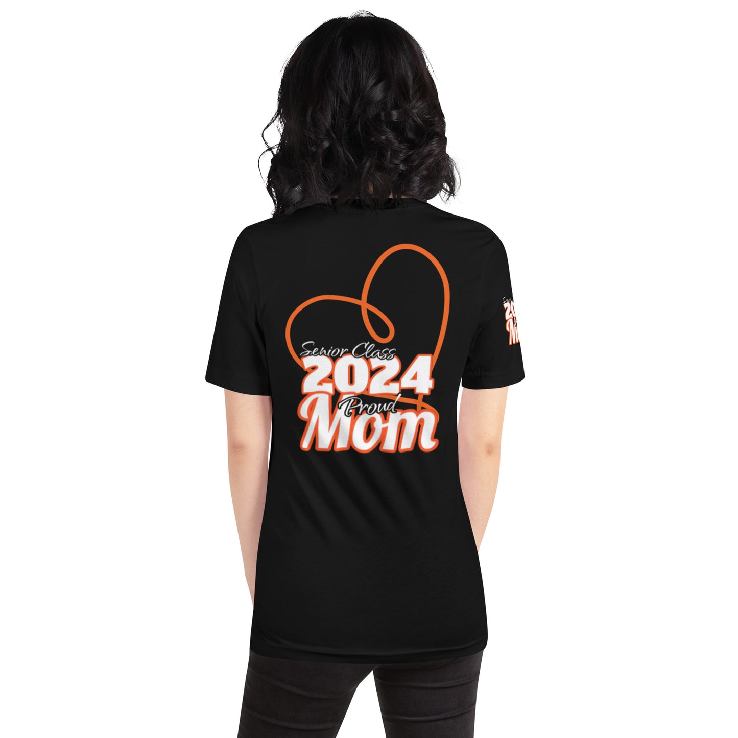 Senior 2024, Proud Mom, Congratulations Heart, Front, Back, Right Sleeve Design, XS-5XL Unisex T-Shirt