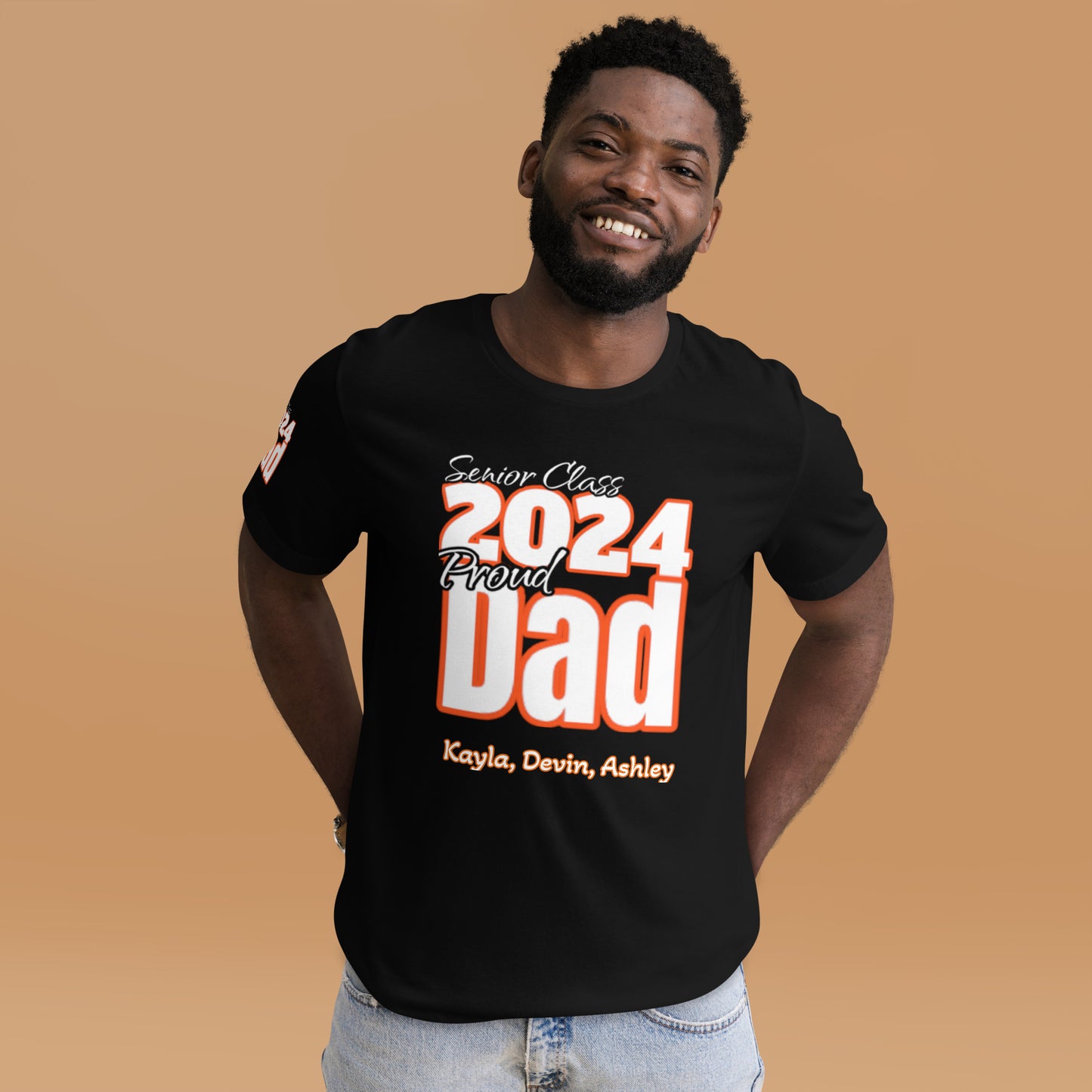 Senior Class, 2024 Proud Dad - Orange/white/black tee Editable Names, Unisex t-shirt