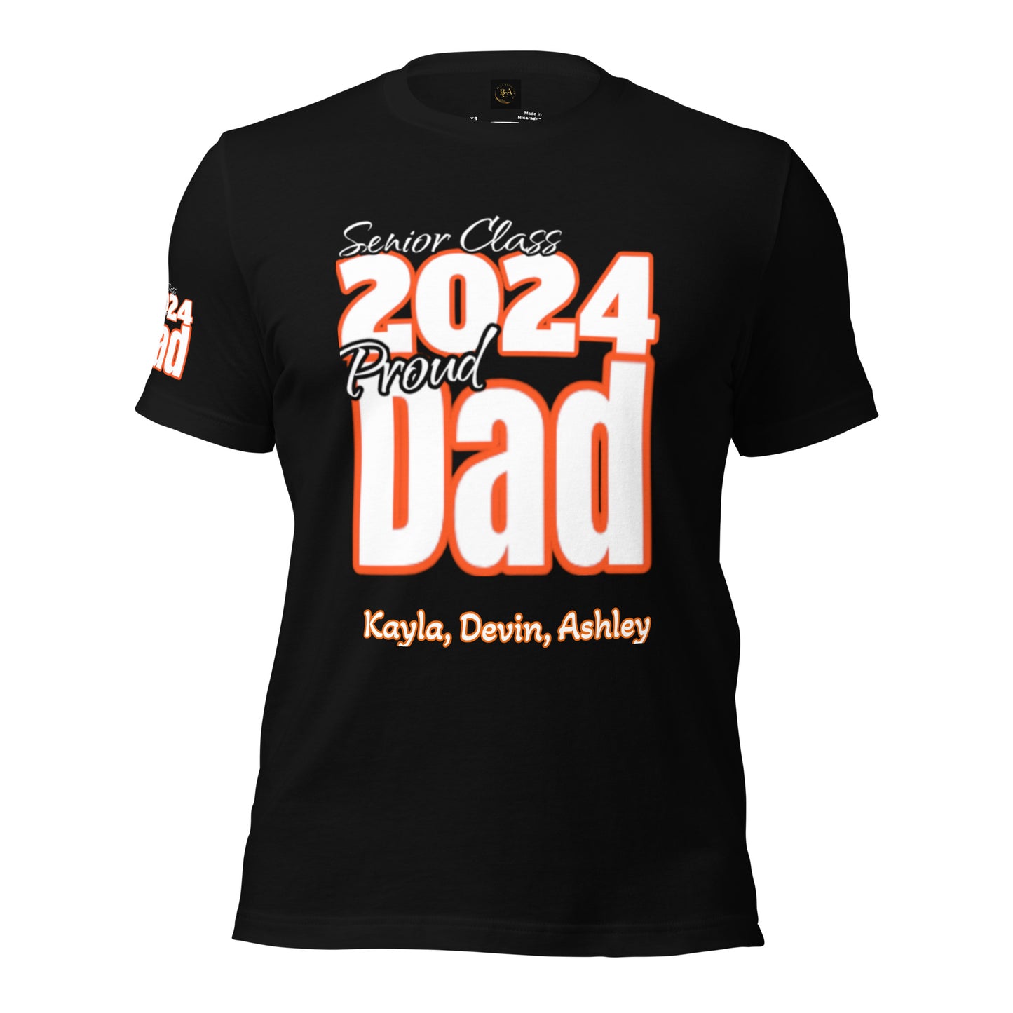 Senior Class, 2024 Proud Dad - Orange/white/black tee Editable Names, Unisex t-shirt