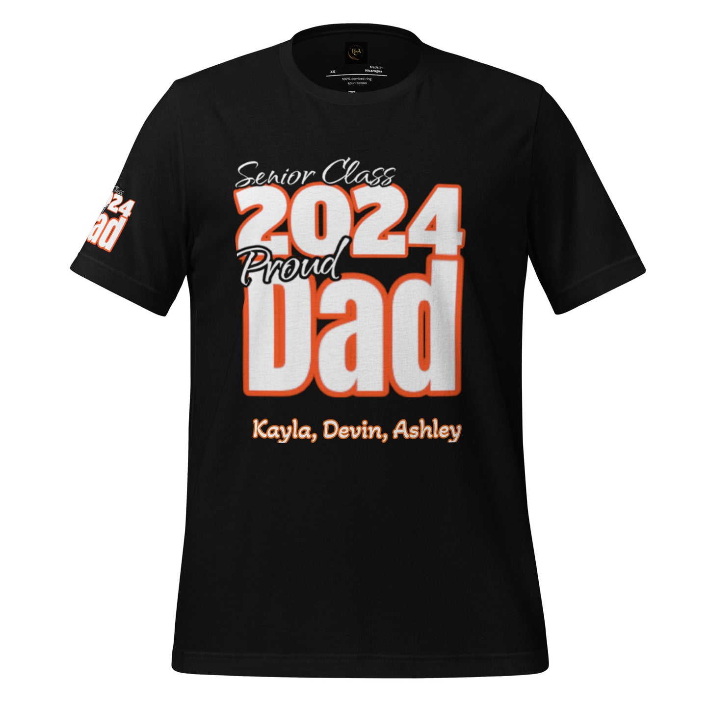 Senior Class, 2024 Proud Dad - Orange/white/black tee Editable Names, Unisex t-shirt